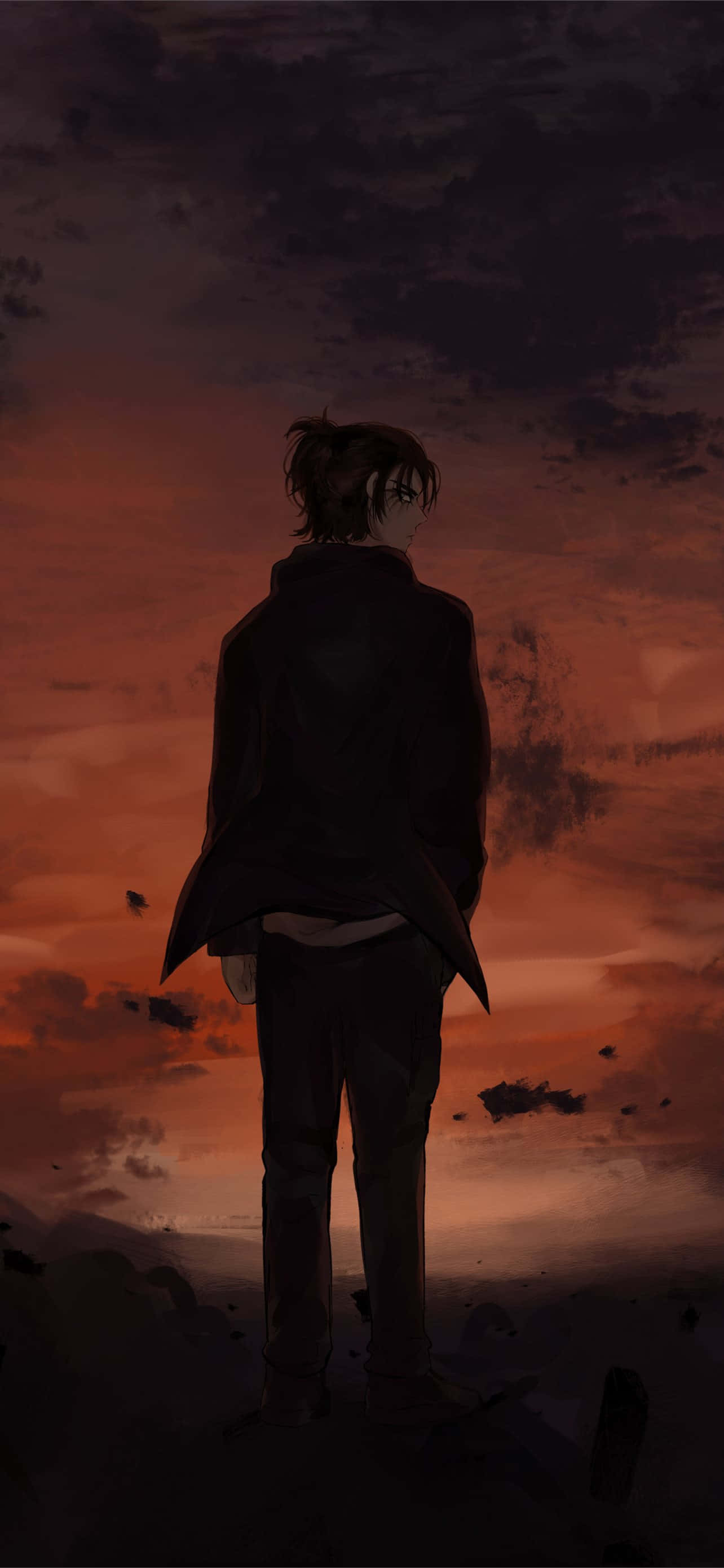 Attack On Titan, Titan Eren, fiery orange and purple sunset sky, 2K Phone Wallpaper