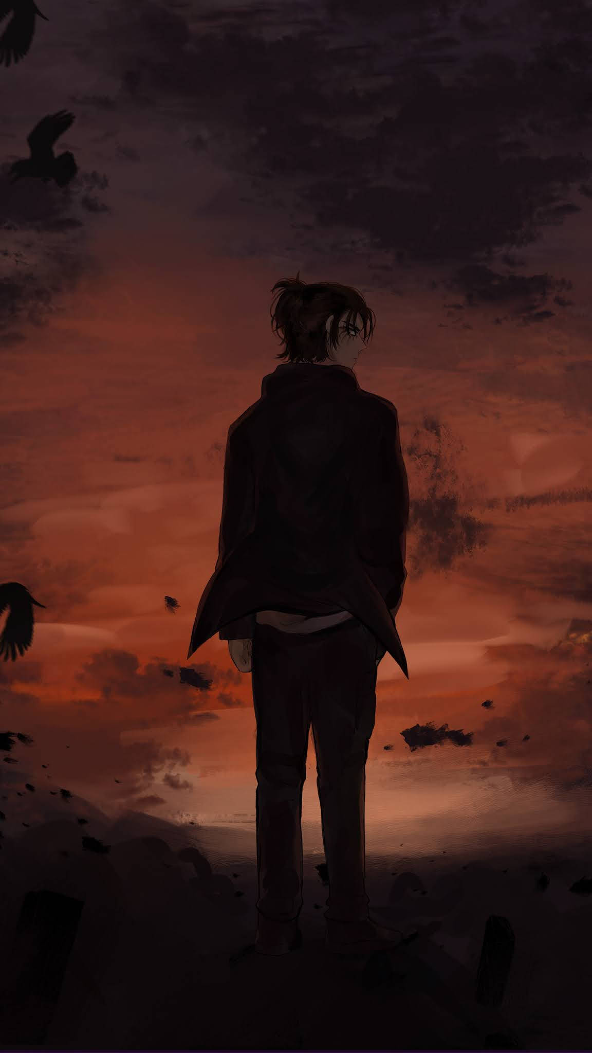 Eren, sunset, dark birds, Full HD Phone Wallpaper