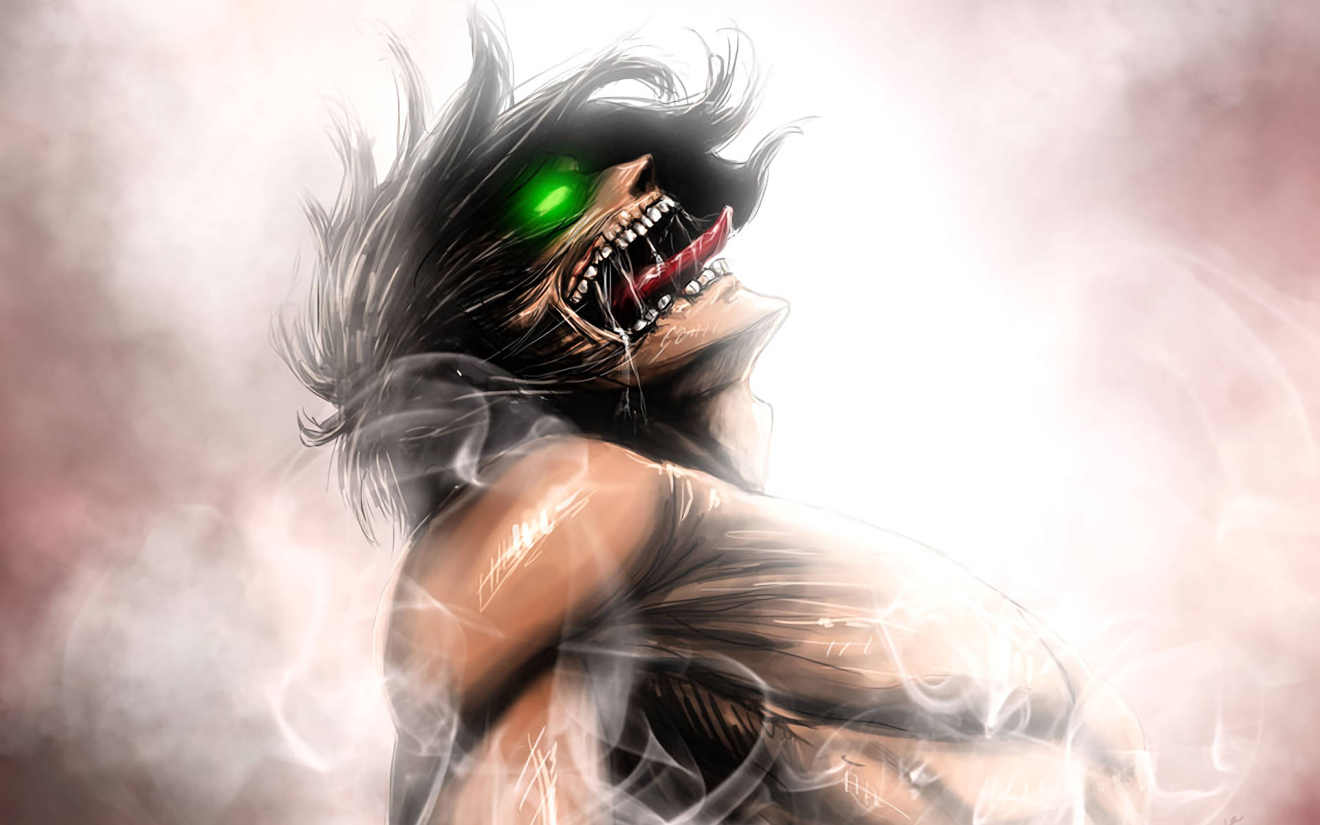 Eren Titan, glowing green eyes, wild black hair, Full HD Desktop Wallpaper