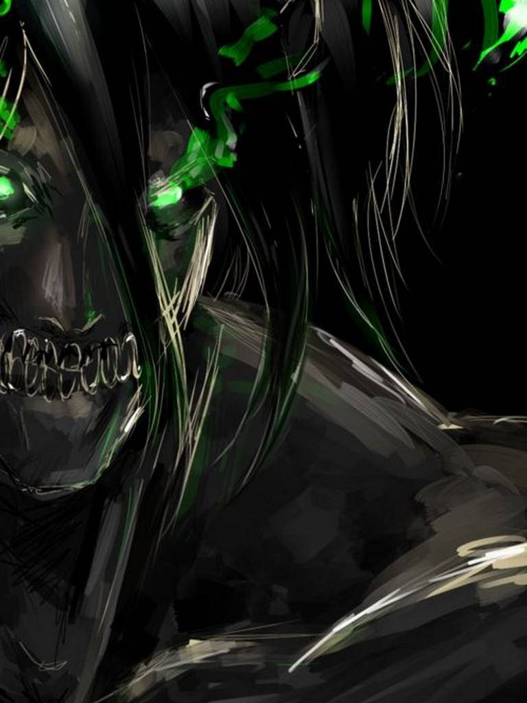 Eren, glowing green eyes, flowing black hair, SD Phone Wallpaper