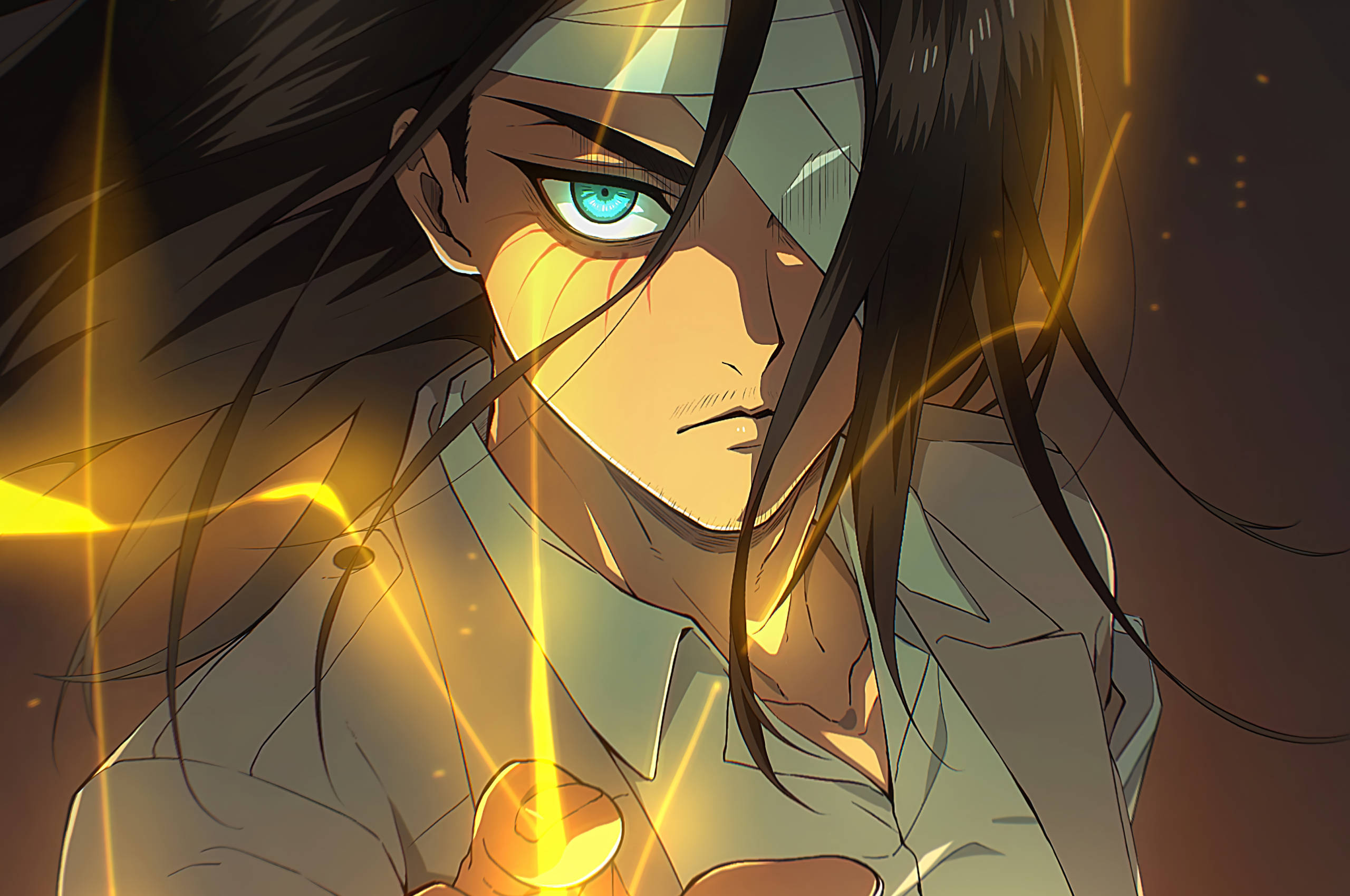 Attack On Titan, Titan Eren, glowing green eyes, 2K Desktop Wallpaper