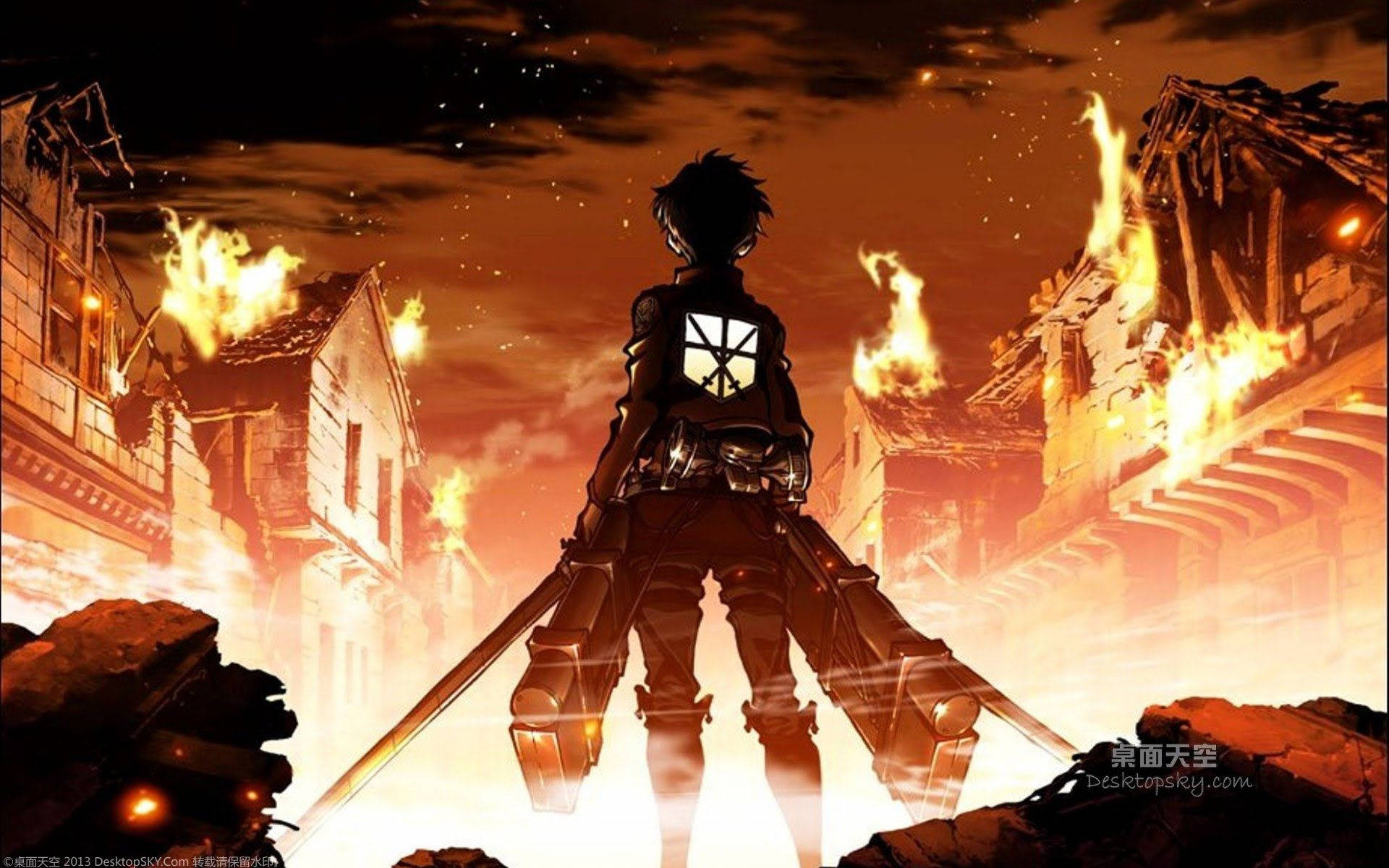 Attack On Titan, anime warrior, fiery explosions, Full HD Desktop Wallpaper