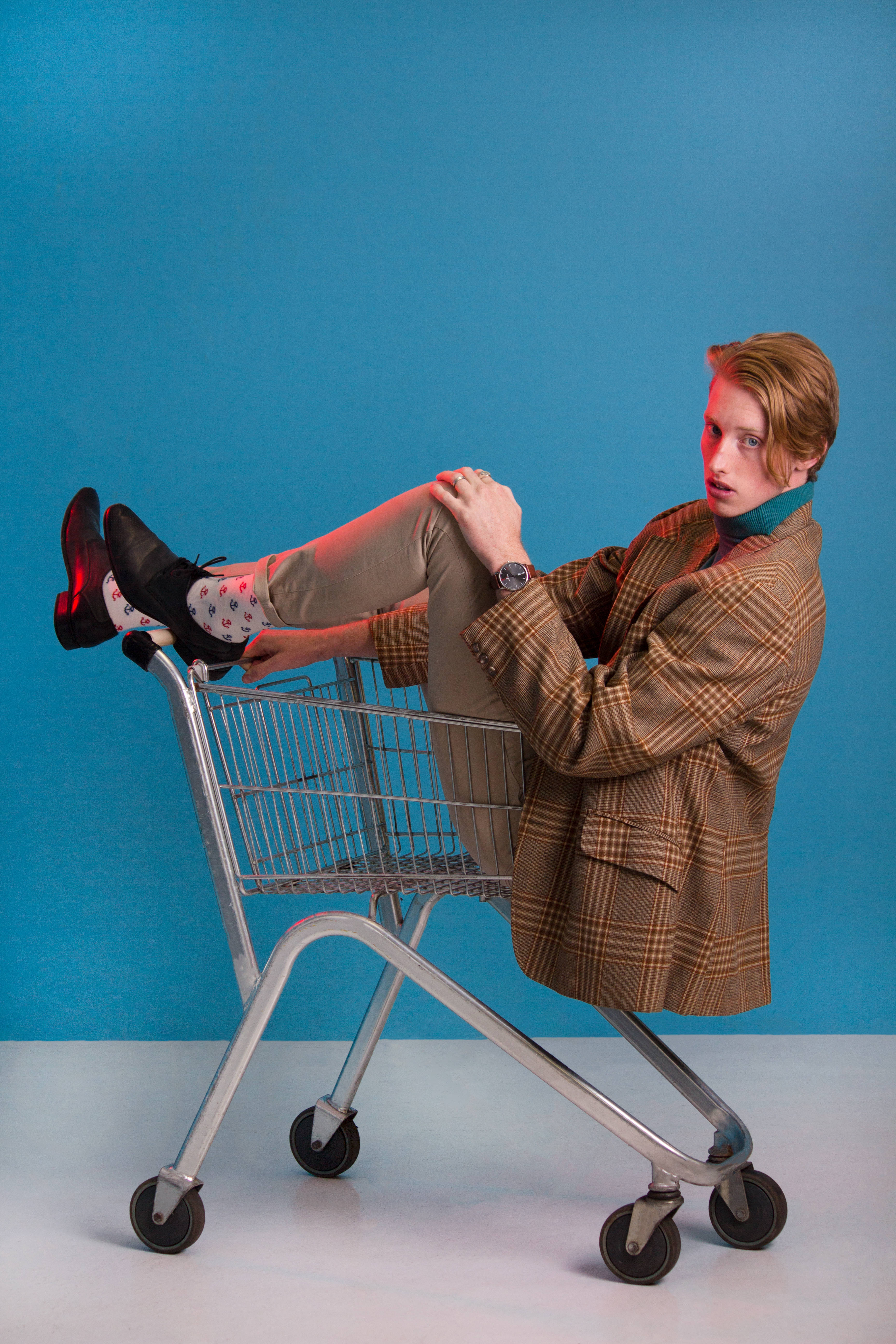 Attitude Boy, shopping cart, plaid blazer, 5K Phone Wallpaper