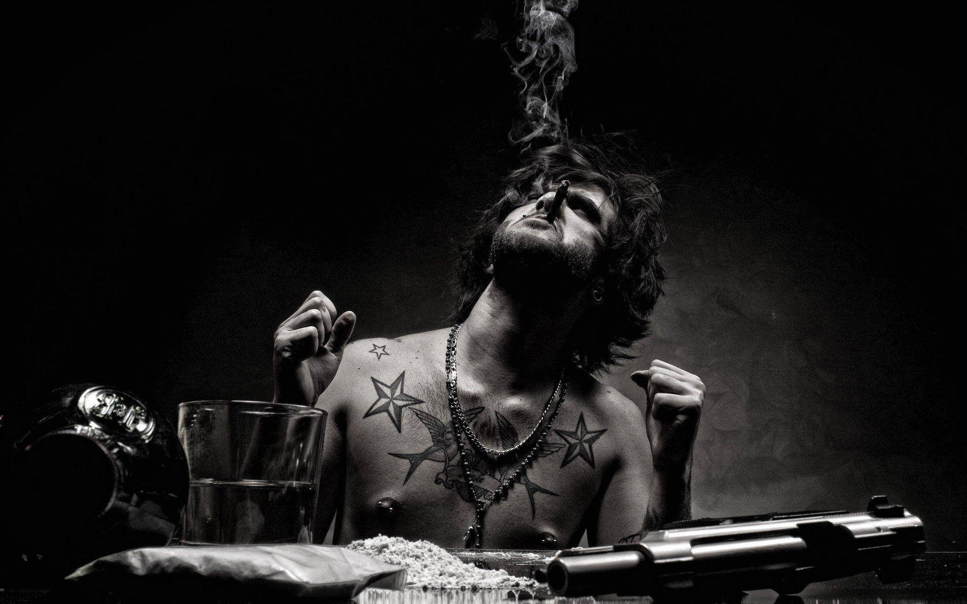 tattooed man, pipe, dark room, Full HD Desktop Wallpaper