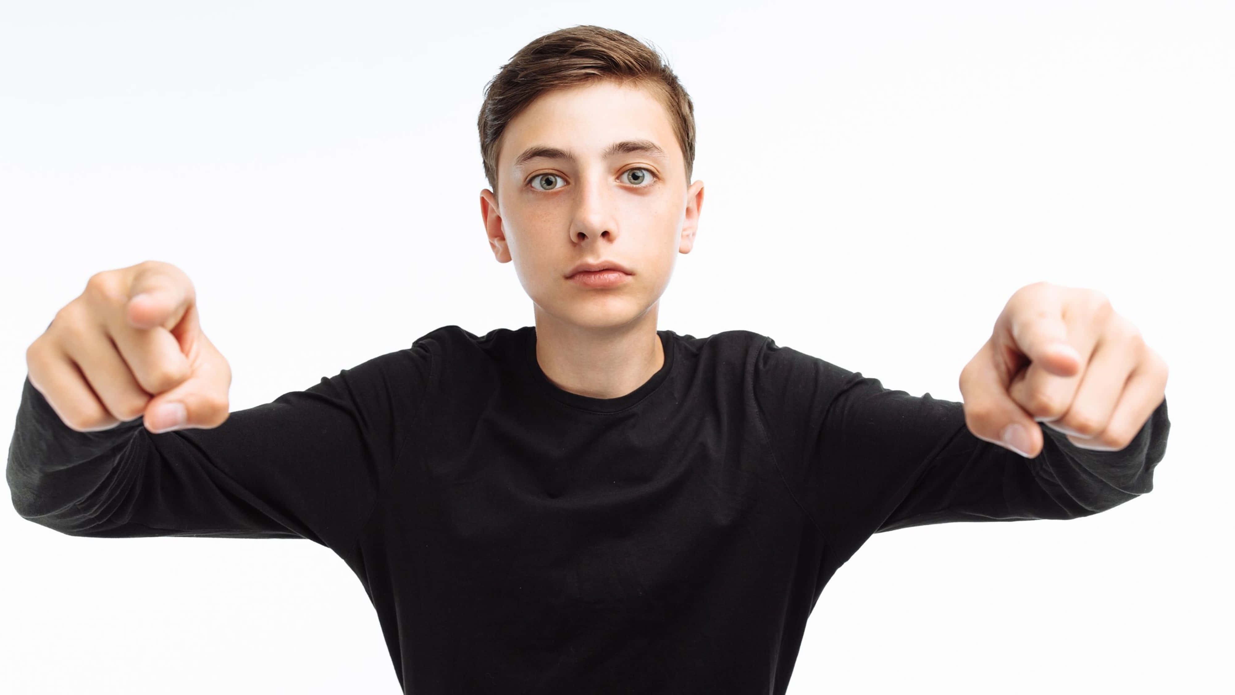 4K Boys Attitude Pointing, black shirt, index fingers, 4K Desktop Wallpaper