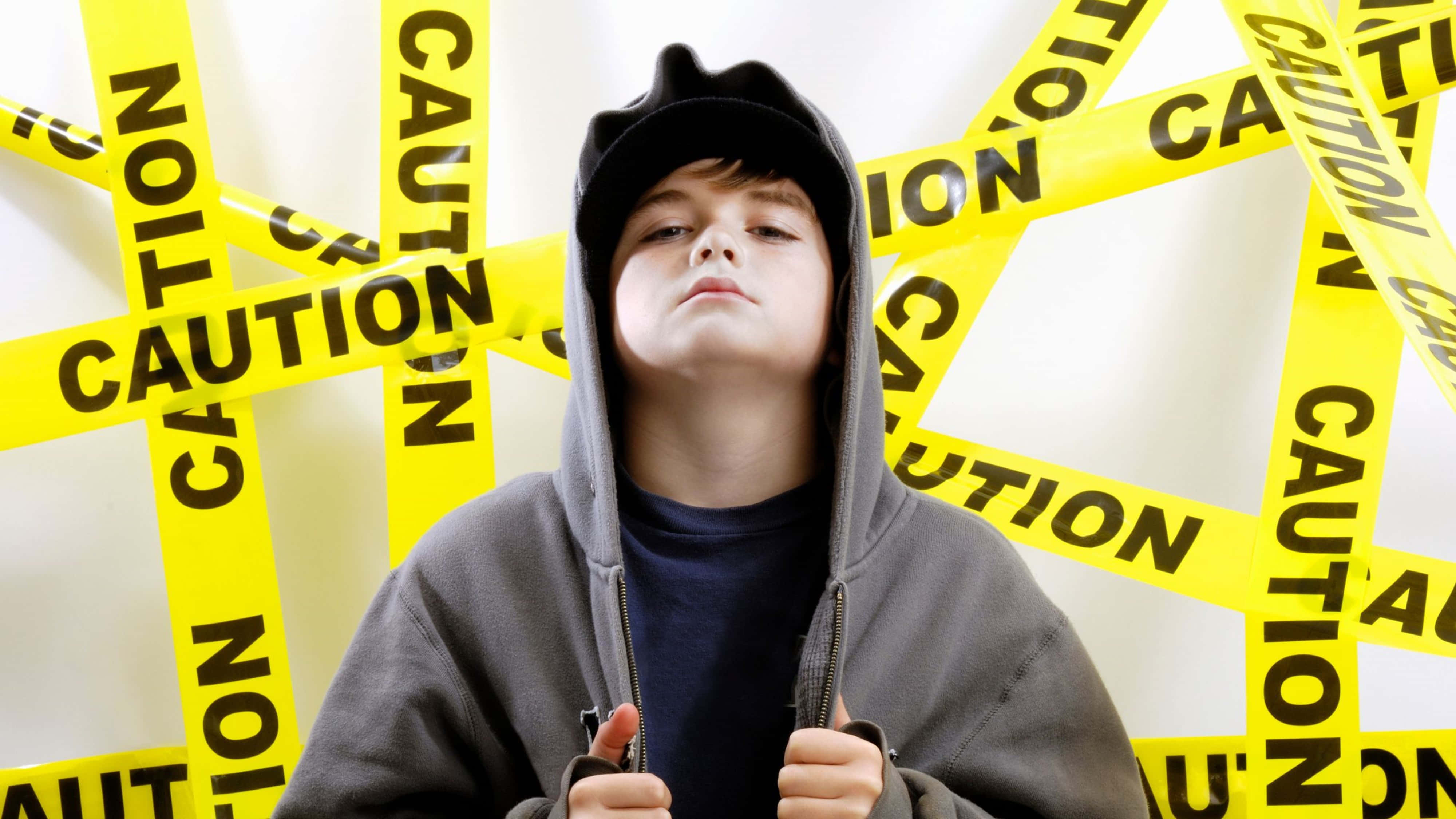 grey hoodie, yellow caution tape, defiantly, 4K Desktop Wallpaper