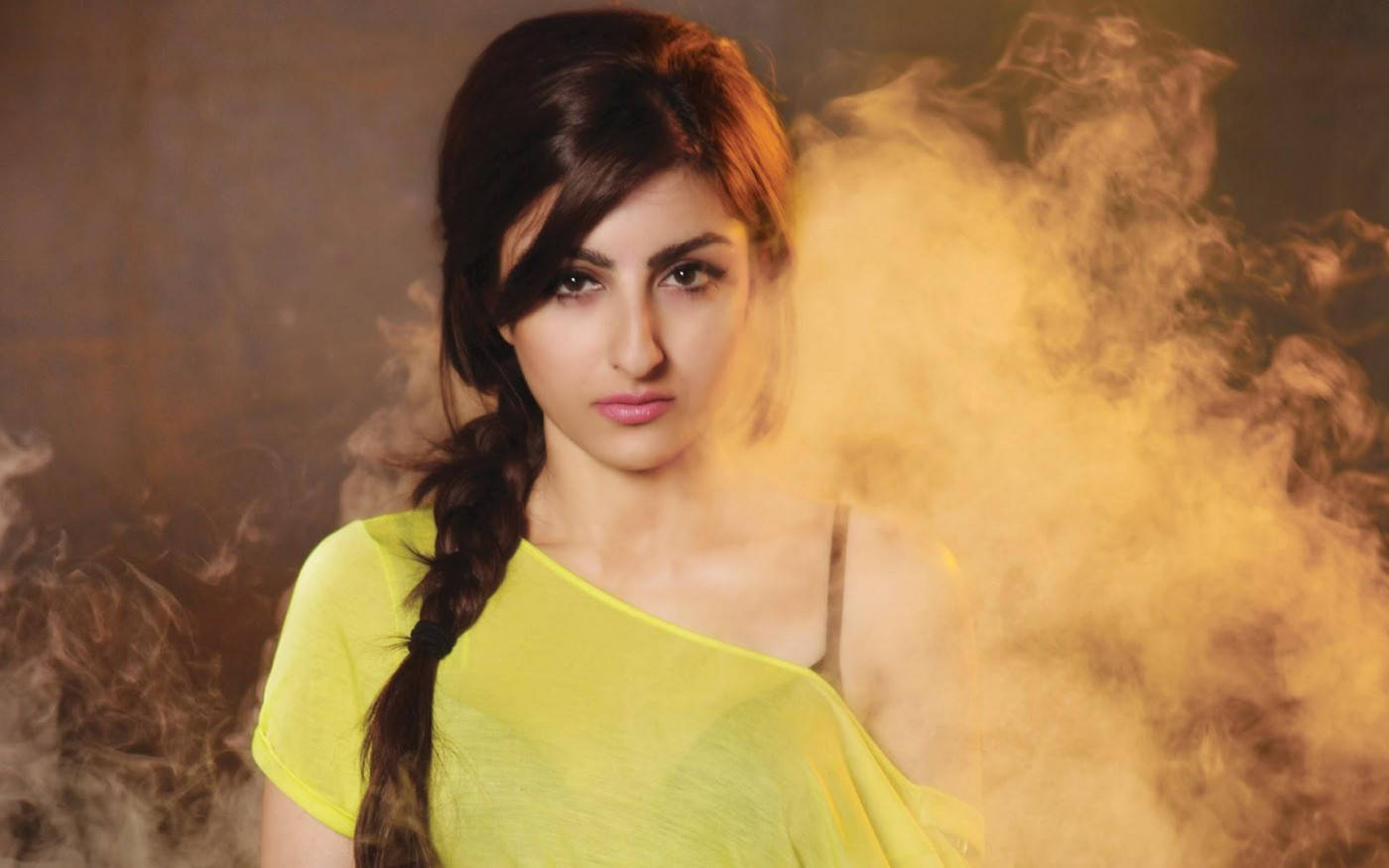 Attitude Girl, bright yellow top, swirling golden smoke, HD Desktop Wallpaper