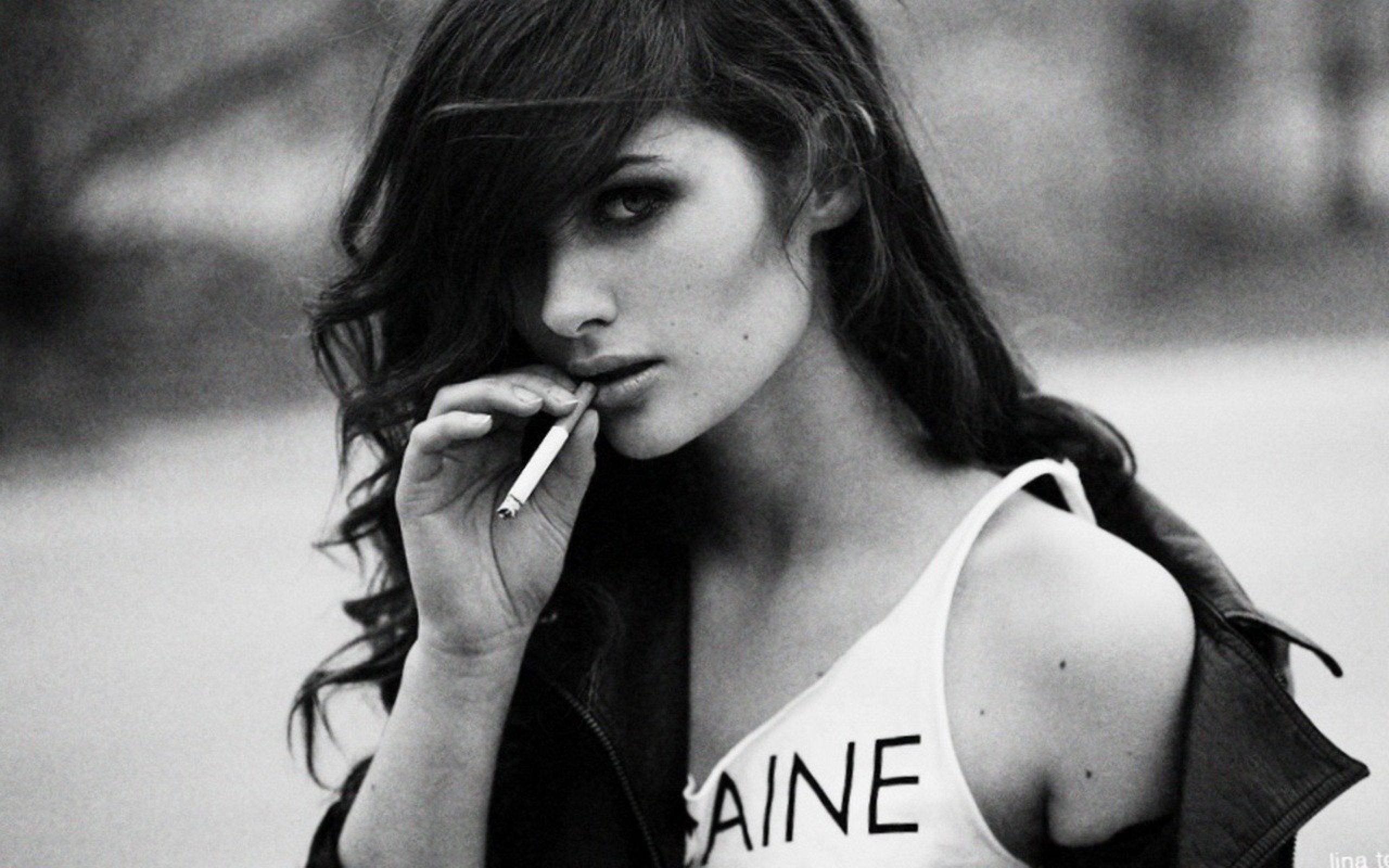 rebellious attitude girl, cigarette, black and white portrait, 2K Desktop Wallpaper