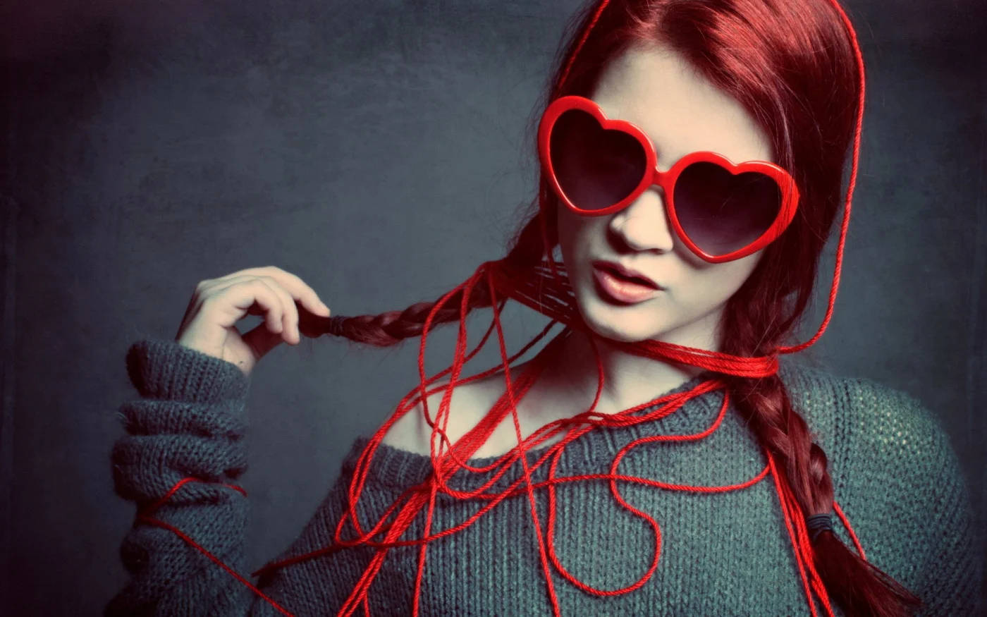 red hair, braided red hair, heart-shaped red sunglasses, HD Desktop Wallpaper