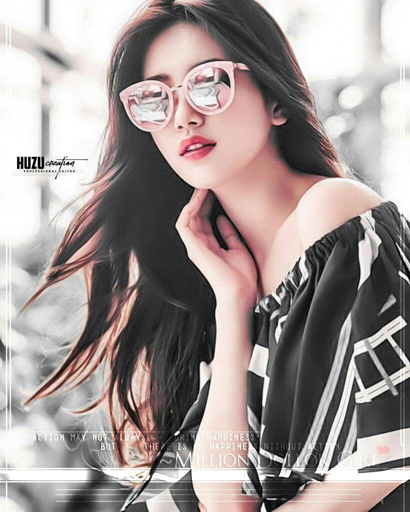 Attitude Girl, pink sunglasses, black-and-white off-shoulder top, SD Phone Wallpaper
