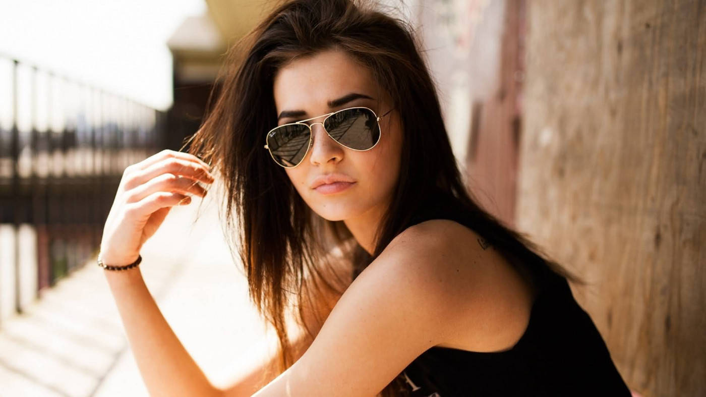 Attitude Girl, aviator sunglasses, sunlit brick wall, HD Desktop Wallpaper