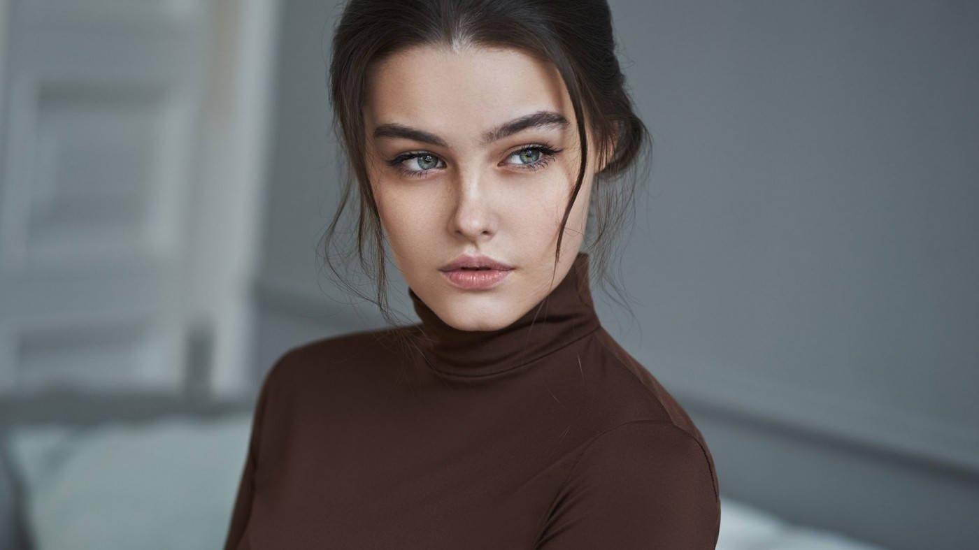 Attitude Girl, brown turtleneck, blue eyes, HD Desktop Wallpaper