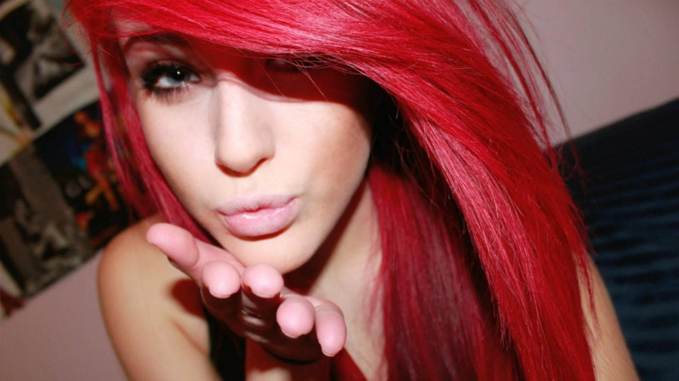 cool attitude girl, bright red hair, dimly lit room, HD Desktop Wallpaper