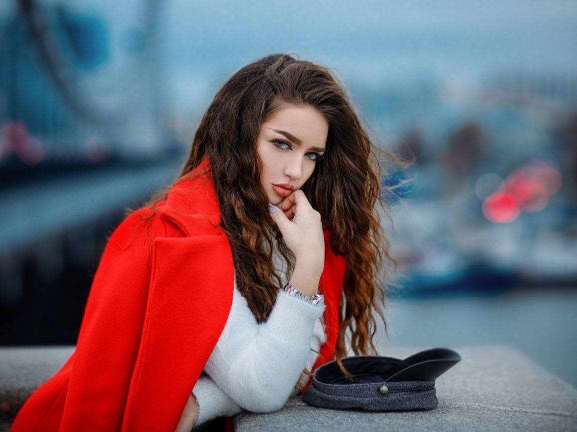 Attitude Girl, large red coat, vibrant red coat, SD Desktop Wallpaper