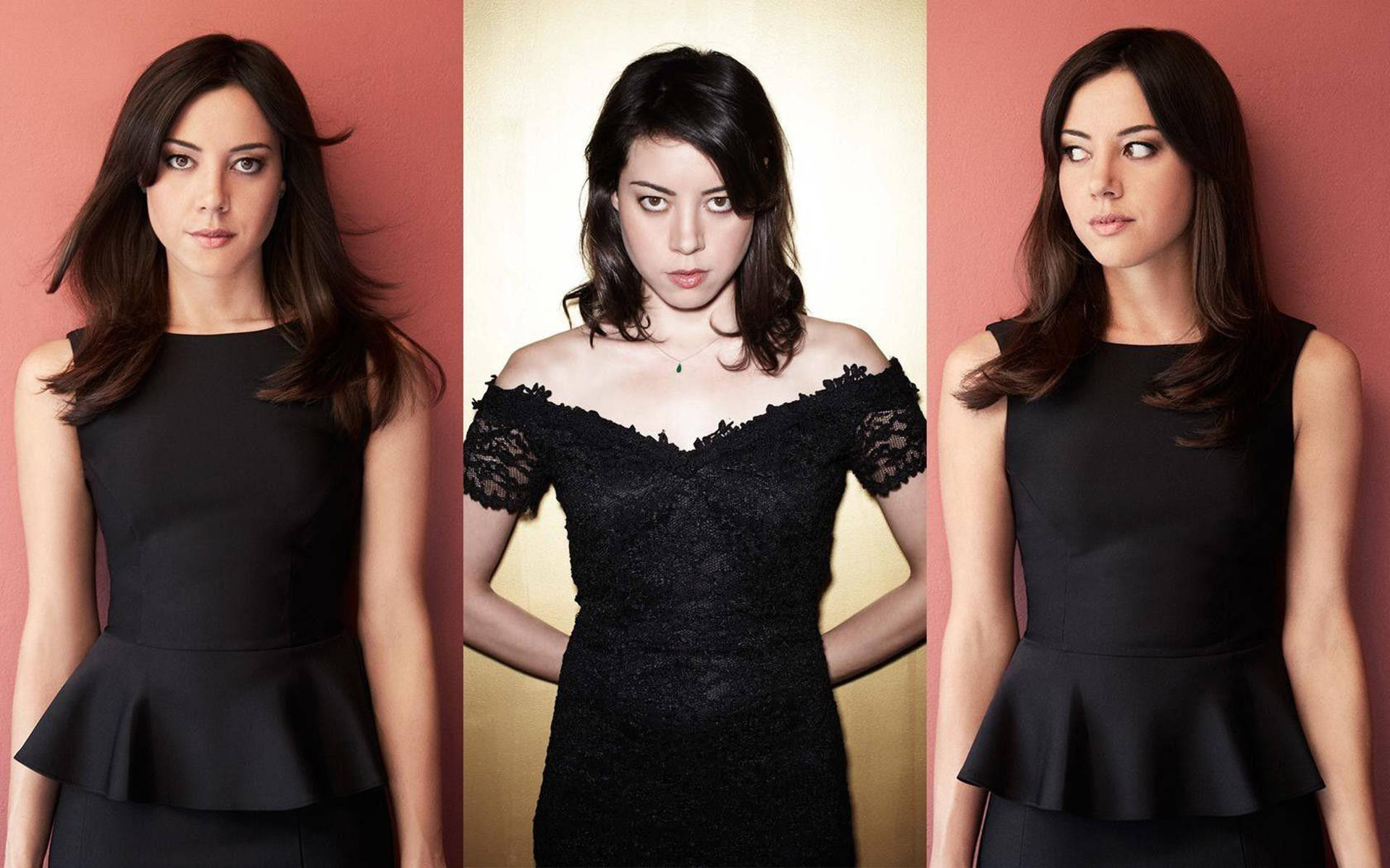 Aubrey Plaza, black dresses, pink and gold backdrops, Full HD Desktop Wallpaper