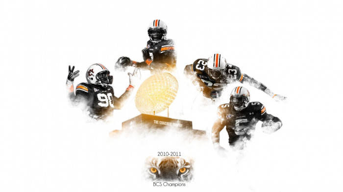 Auburn Football, black and orange uniforms, glowing BCS trophy, SD Desktop Wallpaper