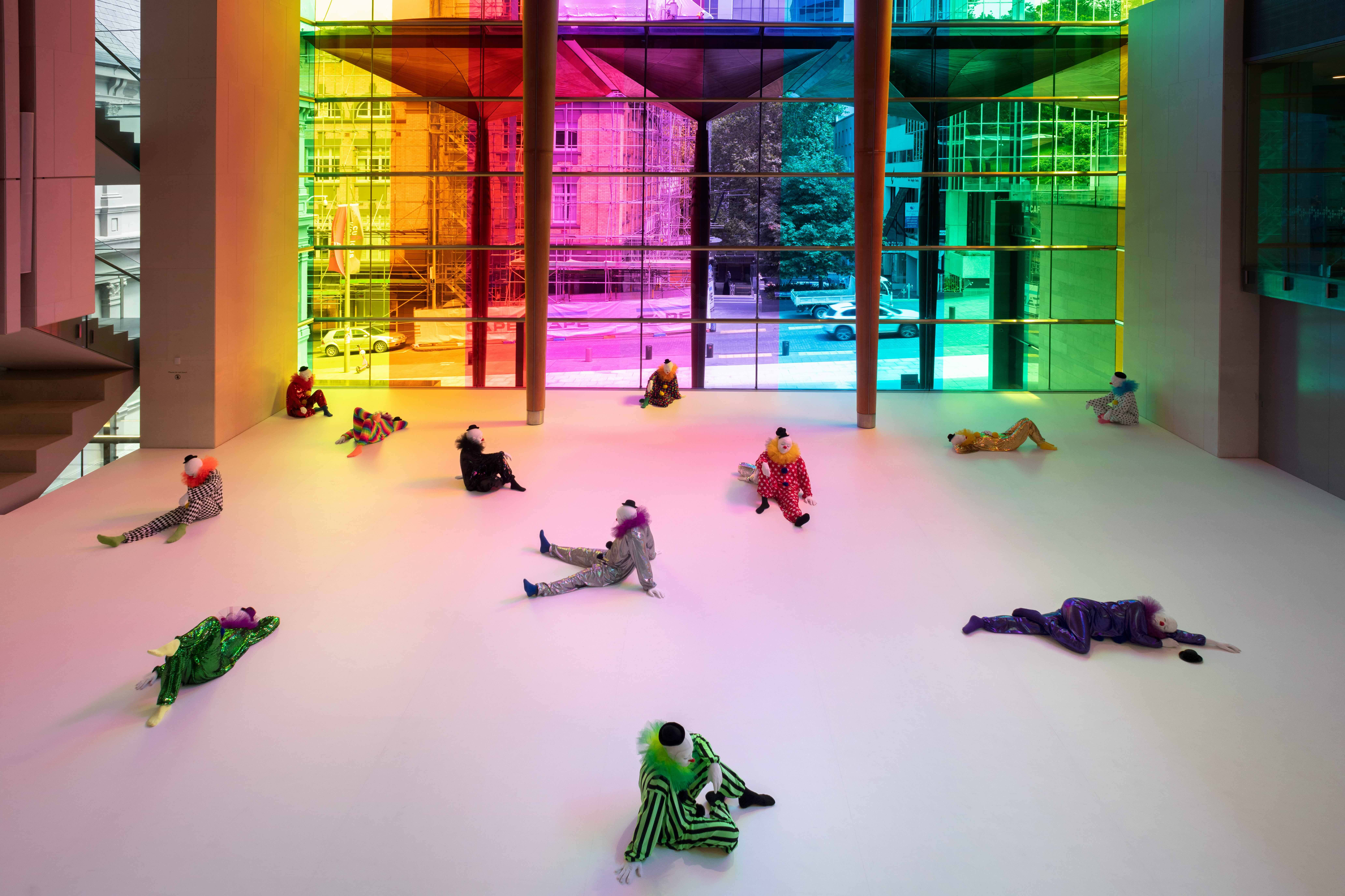 Auckland Art Gallery, colorful costumes, rainbow-tinted glass wall, 8K Desktop Wallpaper