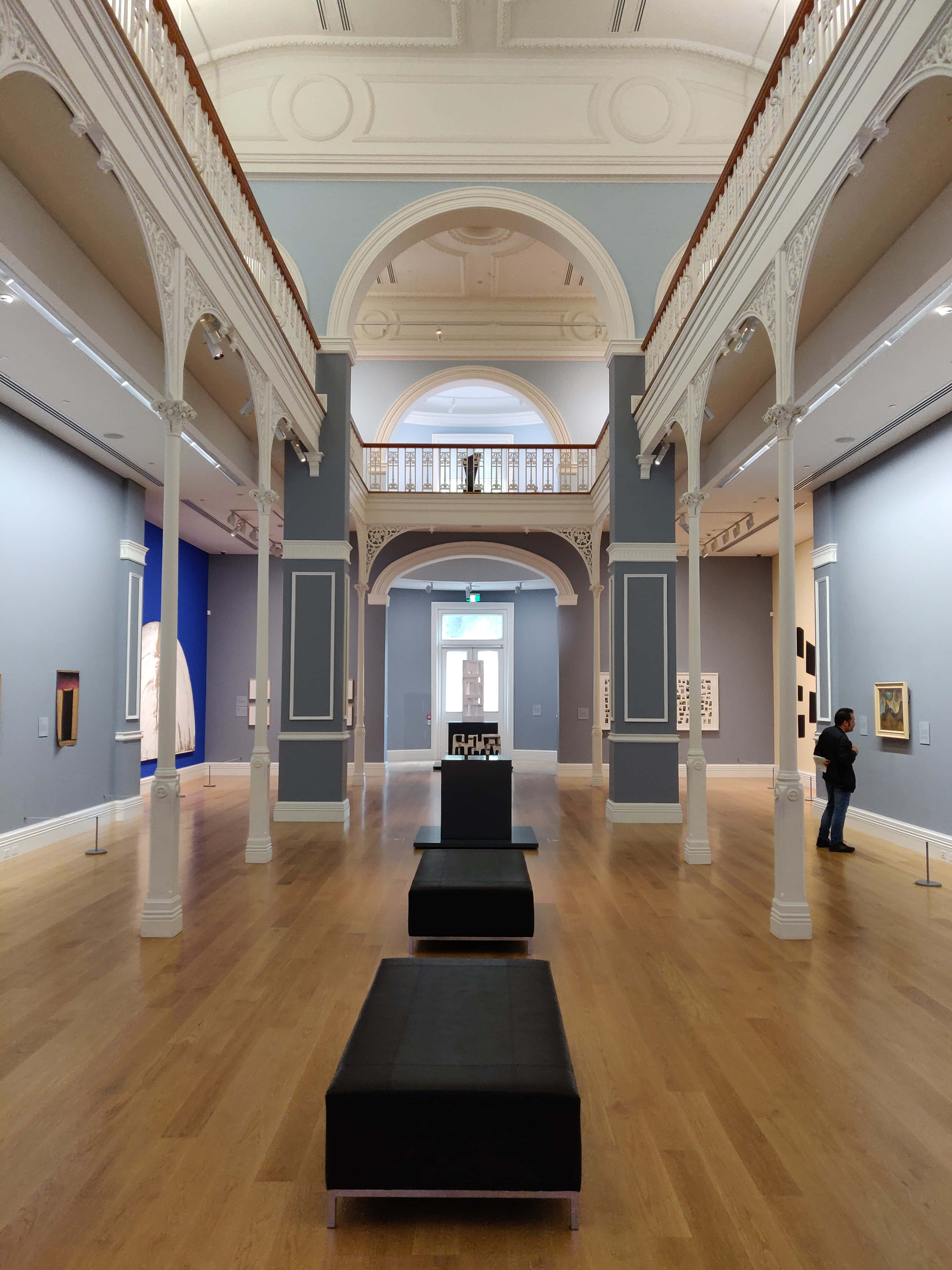 Auckland Art Gallery, high arched ceilings, white columns, 4K Phone Wallpaper