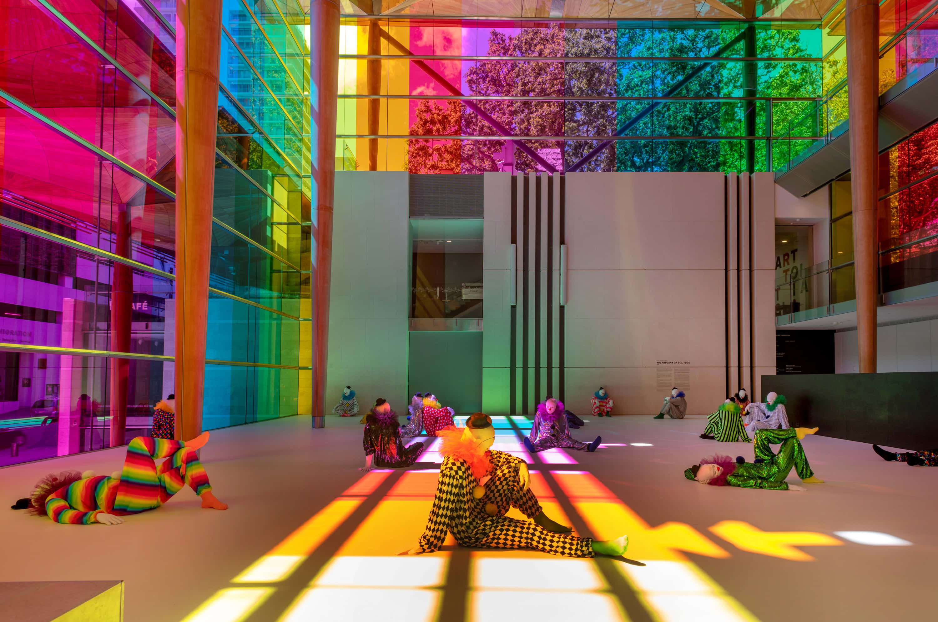 Auckland Art Gallery, colorful stained glass windows, vibrant rainbow outfits, 2K Desktop Wallpaper