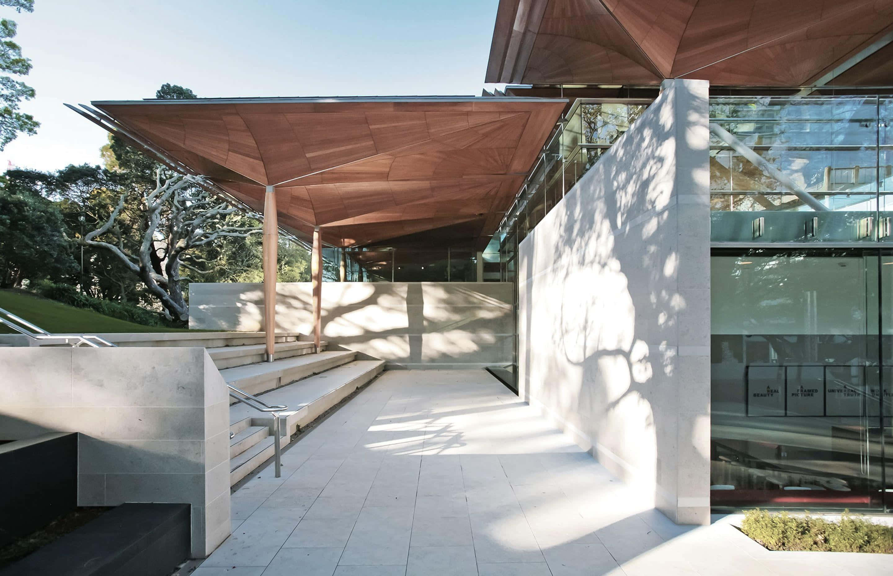 Auckland Art Gallery, exterior design, wooden canopy, 2K Desktop Wallpaper