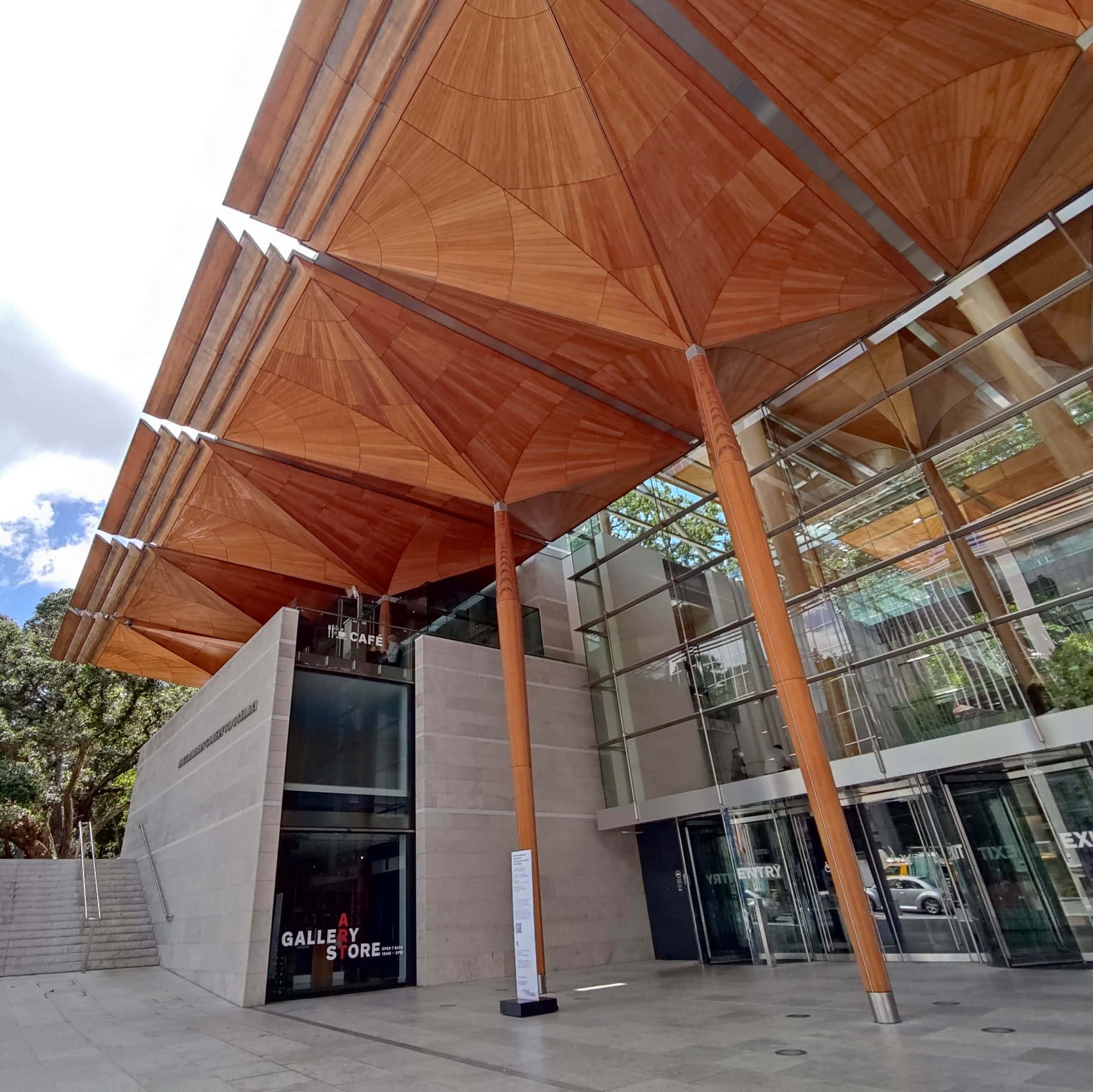 Auckland Art Gallery, wooden canopy, glass facade, Full HD Desktop Wallpaper
