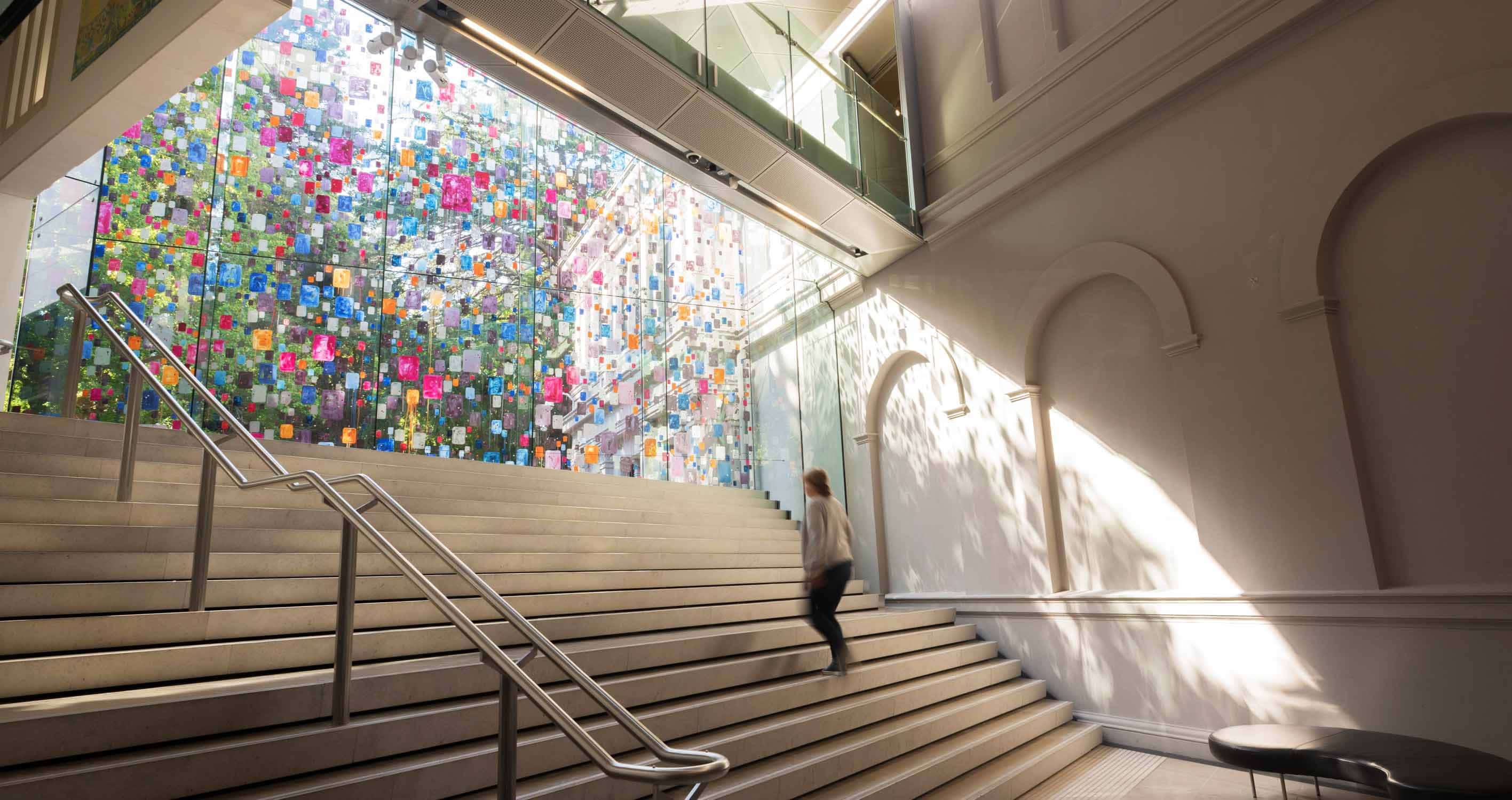 Auckland Art Gallery, colorful glass wall, vibrant mosaic, 2K Desktop Wallpaper