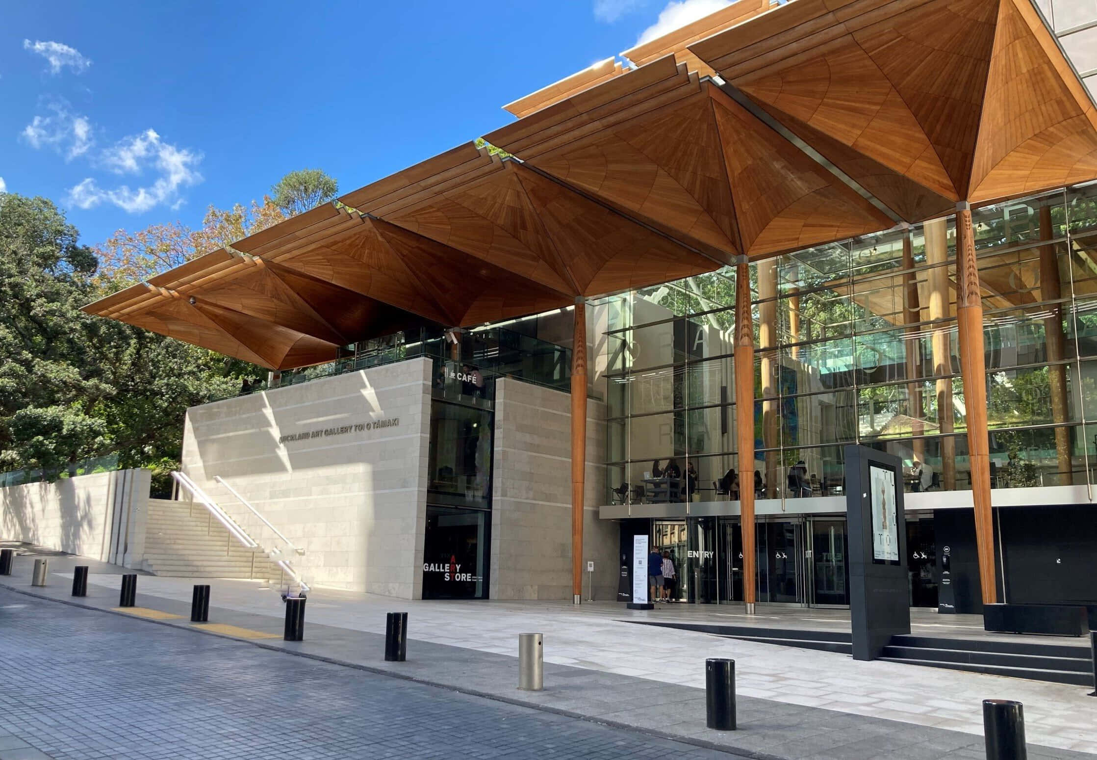 Auckland Art Gallery, wooden canopy, glass facade, Full HD Desktop Wallpaper