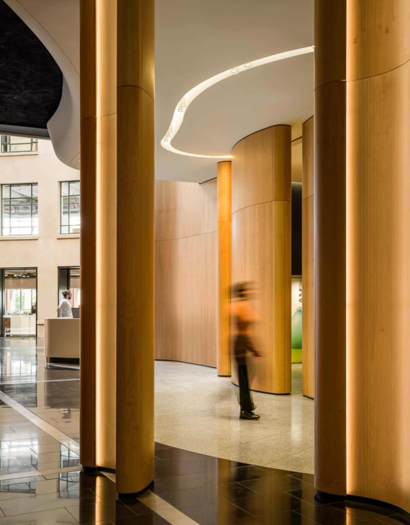 modern architecture interior, Auckland, warm wooden columns, HD Phone Wallpaper