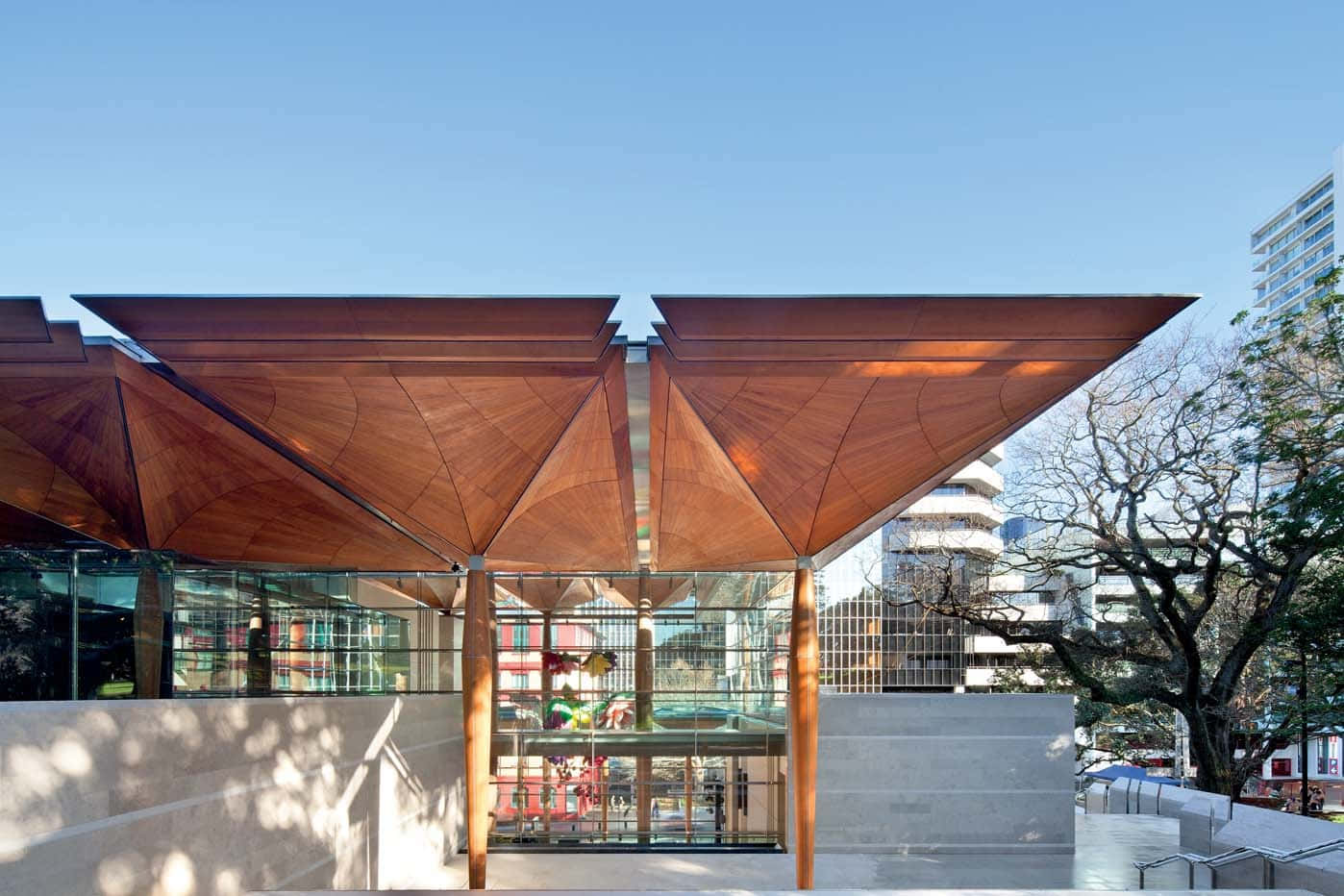 Auckland Art Gallery, modern extension, wooden canopy structure, HD Desktop Wallpaper