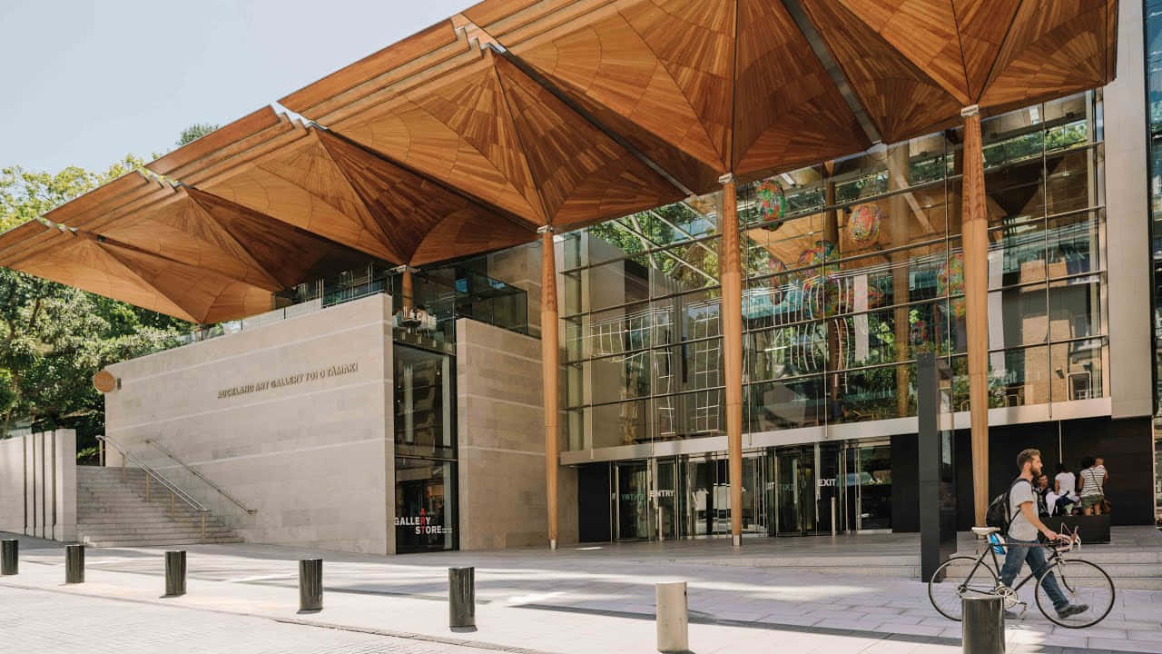 Auckland Art Gallery, wooden canopy, glass facade, HD Desktop Wallpaper