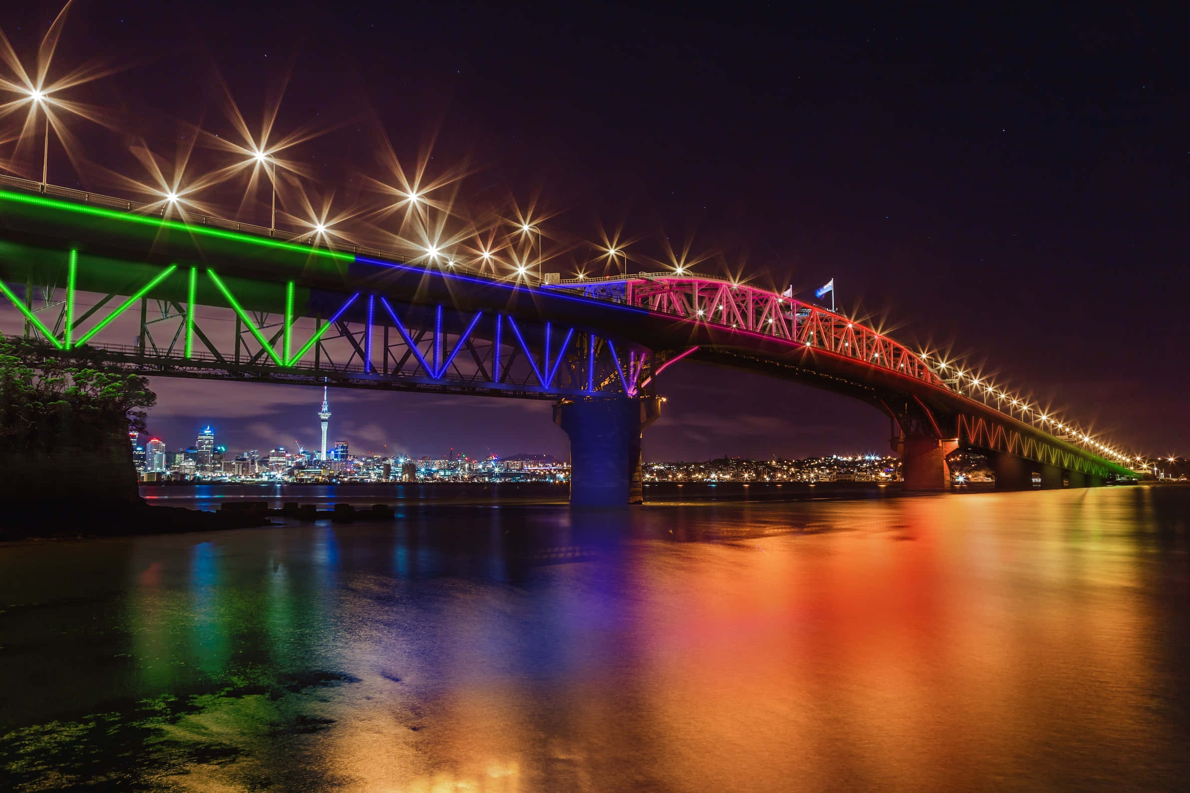 Auckland Harbour Bridge, Night Lights, colorful lights, Full HD Desktop Wallpaper