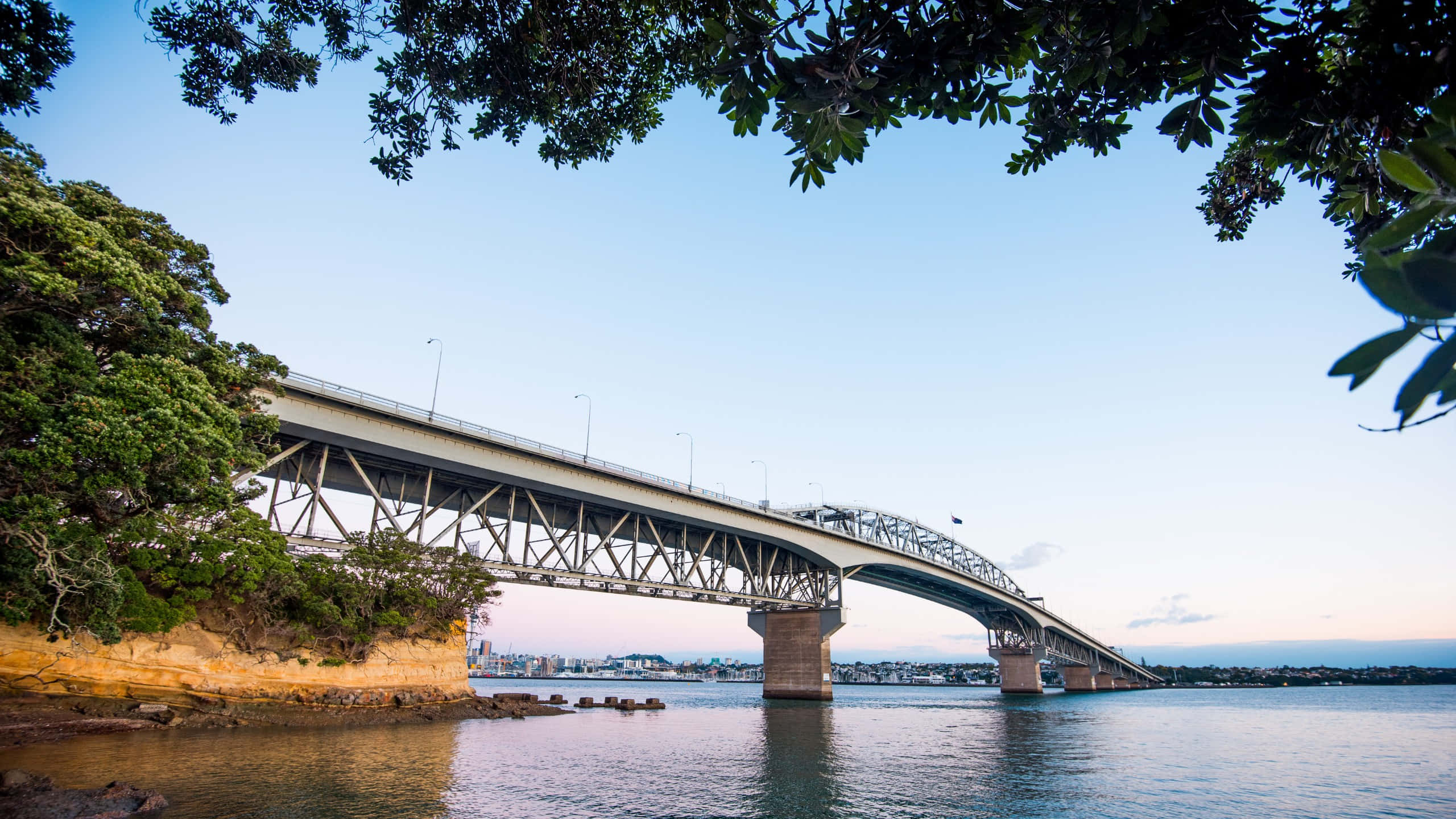 Auckland Harbour Bridge, dusk, calm waters, 2K Desktop Wallpaper
