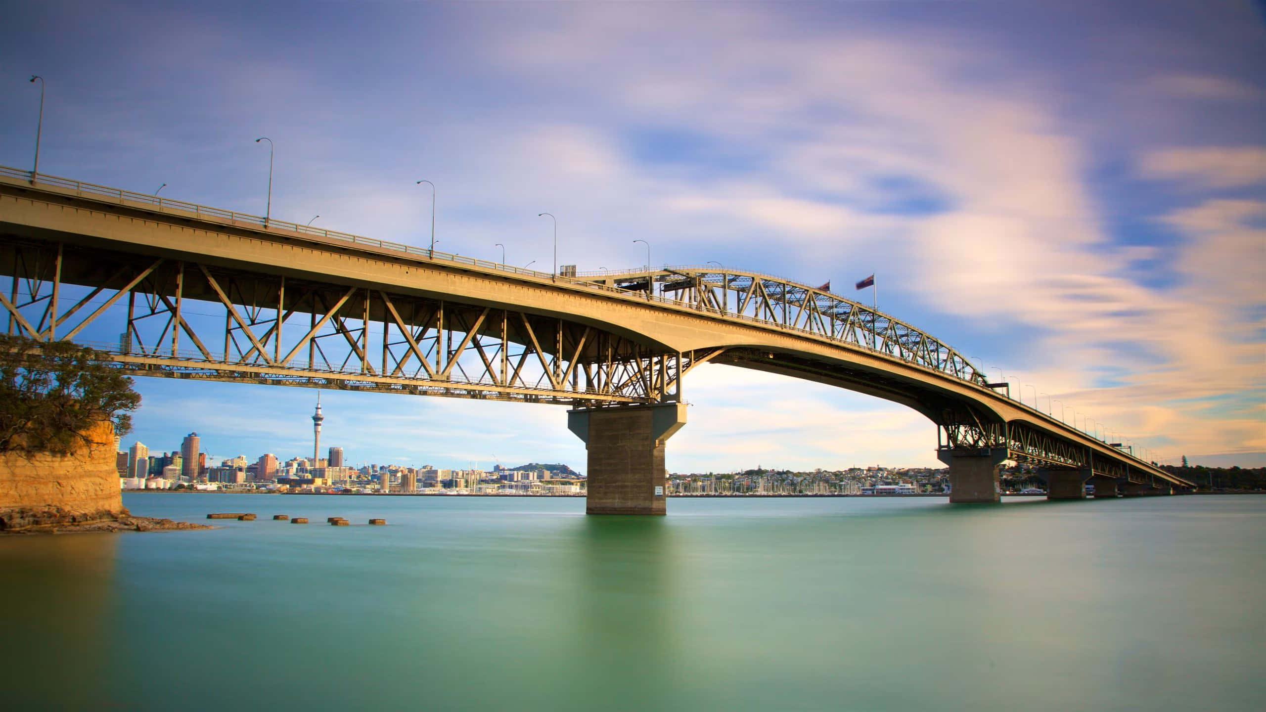 Auckland Harbour Bridge, city skyline, iconic tower, 2K Desktop Wallpaper