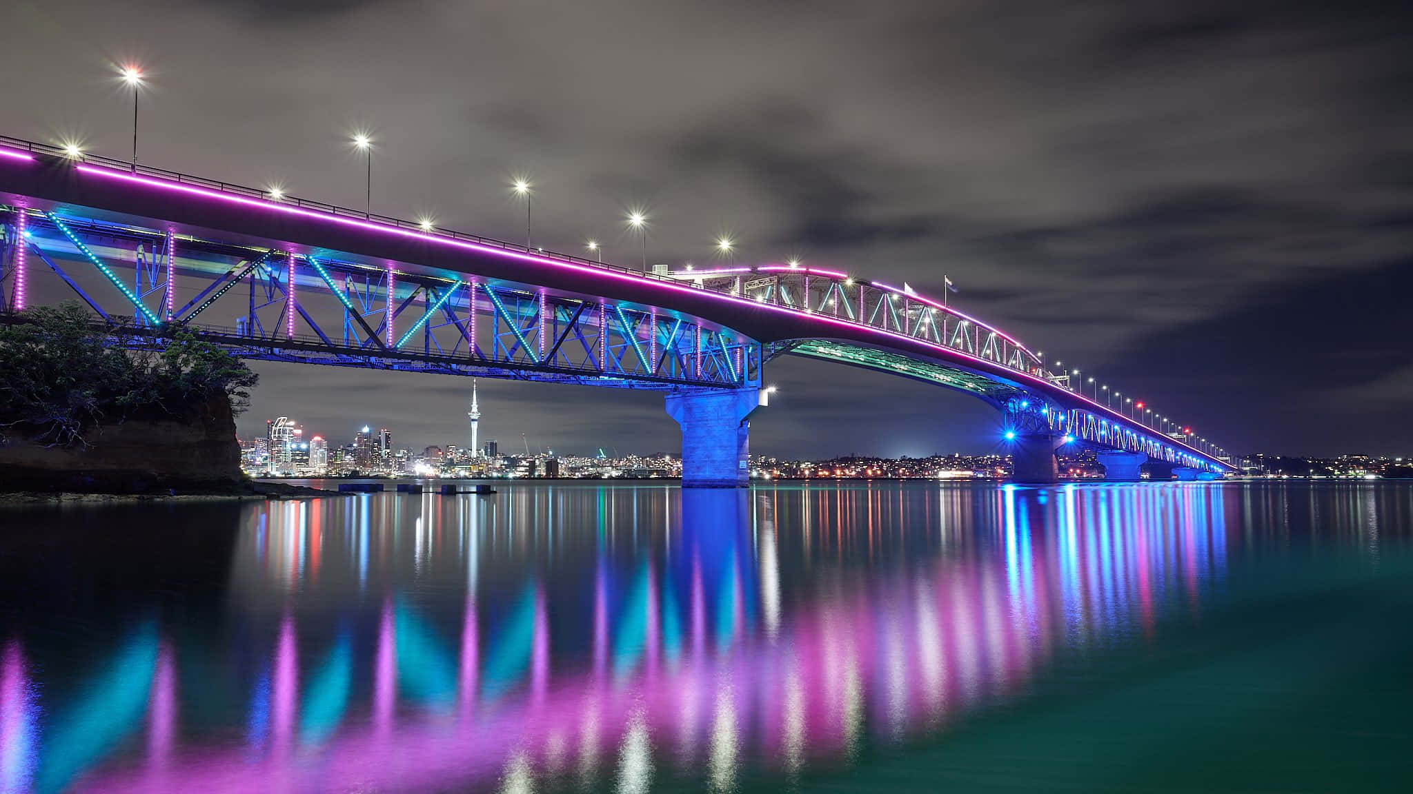 Auckland Harbour Bridge, purple lights, blue lights, Full HD Desktop Wallpaper