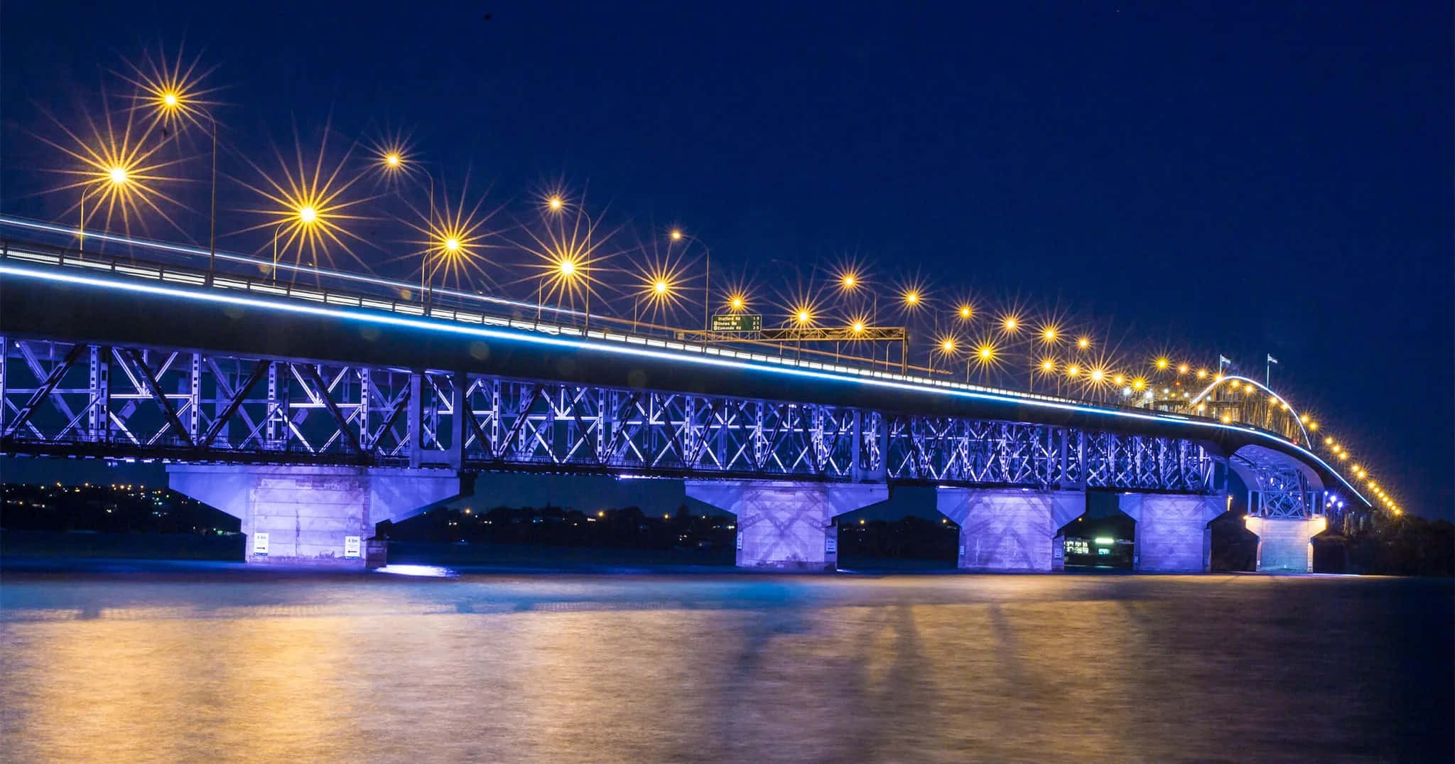 Auckland Harbour Bridge, blue lights, glowing yellow streetlamps, Full HD Desktop Wallpaper