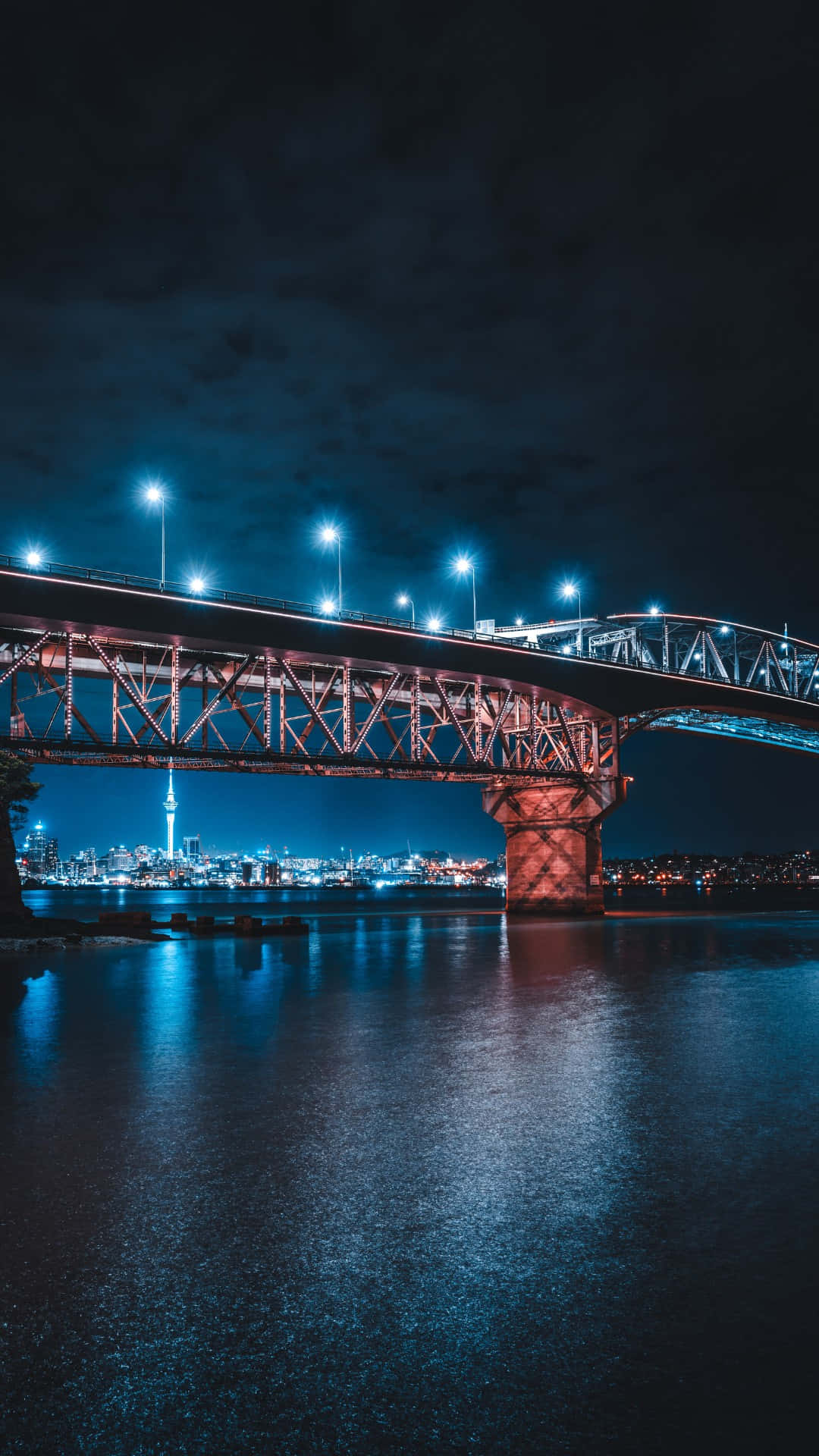 Auckland Harbour Bridge, night view, blue lights, Full HD Phone Wallpaper