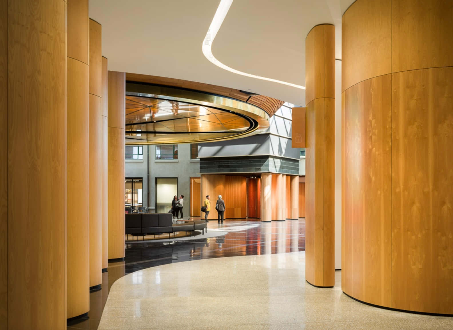 Auckland Museum, modern architectural interior, curved wooden pillars, HD Desktop Wallpaper