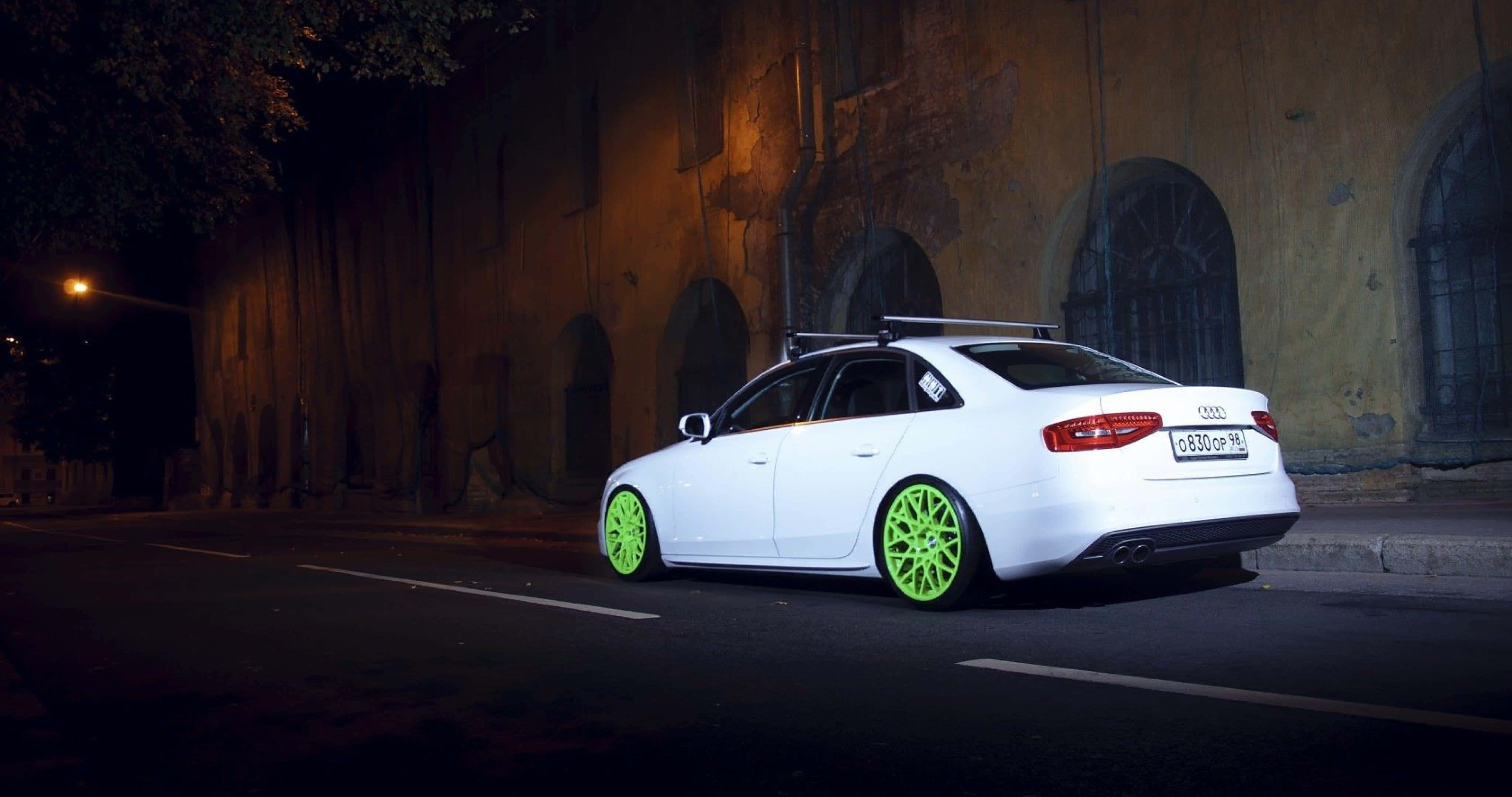 Audi A4, white, neon green wheels, 4K Desktop Wallpaper