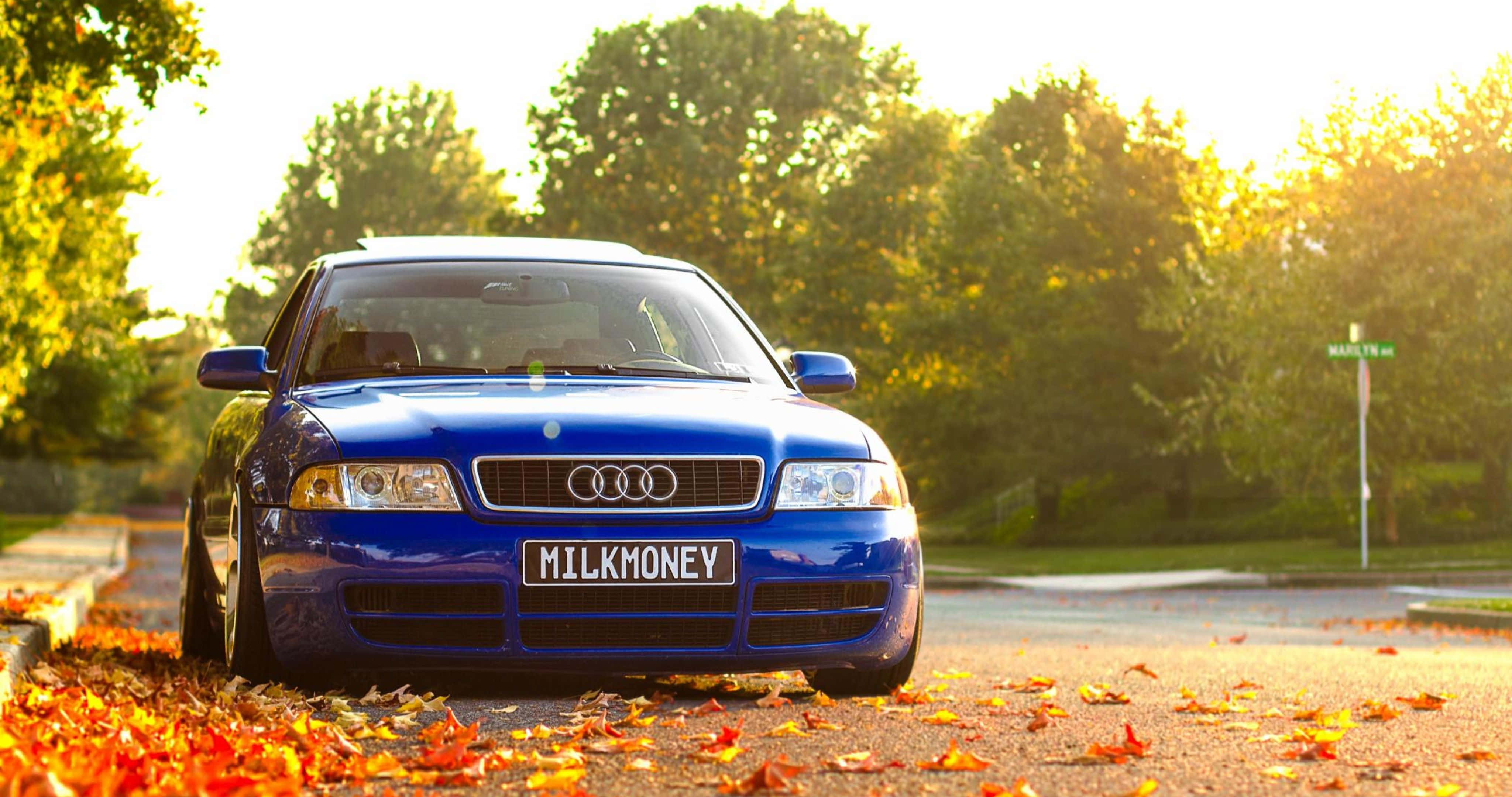 Audi A4, vibrant blue, leaf-strewn street, 4K Desktop Wallpaper