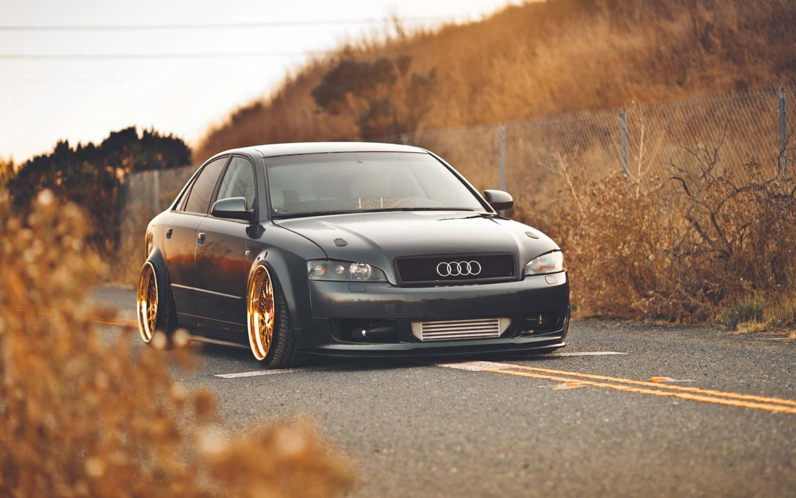 Audi A4, matte black, gold rims, HD Desktop Wallpaper