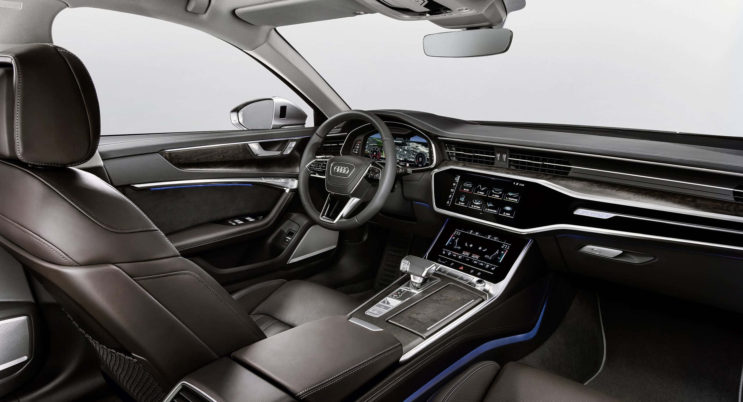 Audi A6, black leather seats, sleek digital dashboard, 2K Desktop Wallpaper