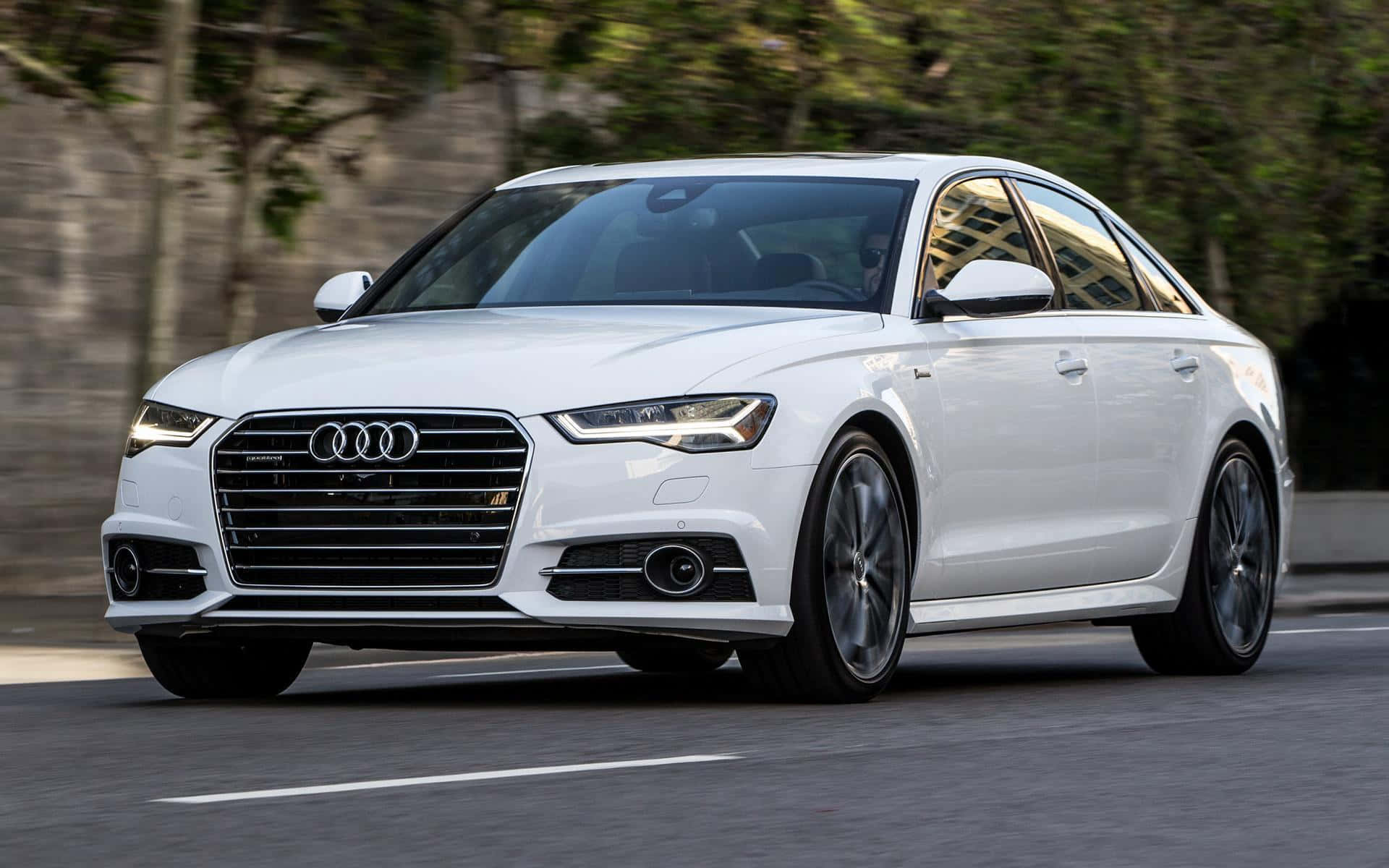 Audi A6, white, tree-lined road, Full HD Desktop Wallpaper