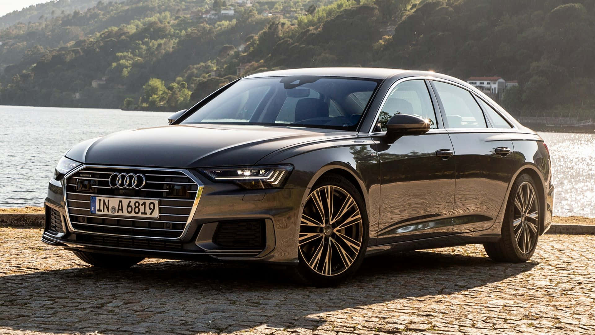 Audi A6, black, cobblestone shore, Full HD Desktop Wallpaper