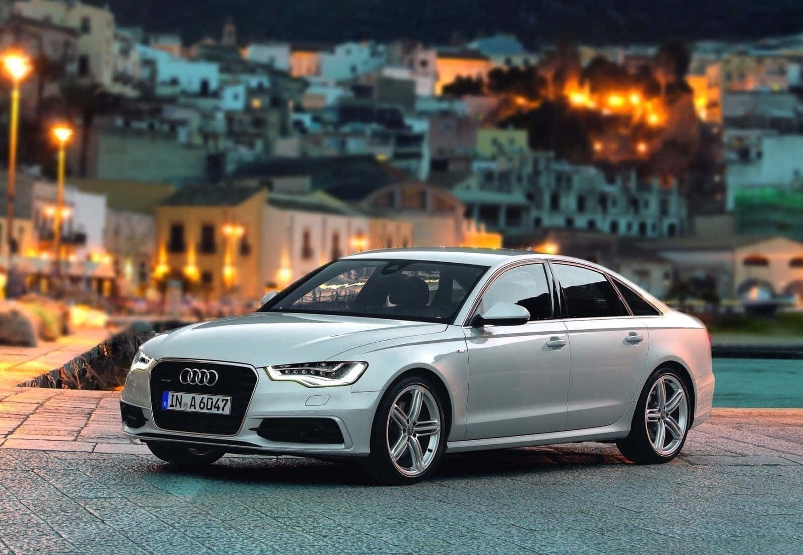 Audi A6, silver, cobblestone promenade, HD Desktop Wallpaper