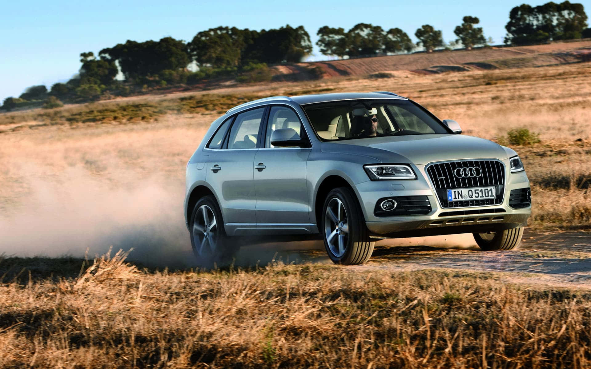 Audi Q5, silver, dirt road, Full HD Desktop Wallpaper