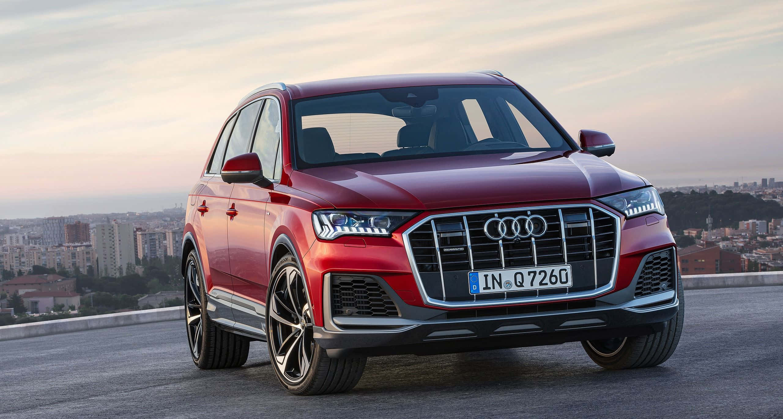 Audi Q7, red, sunset, 2K Desktop Wallpaper