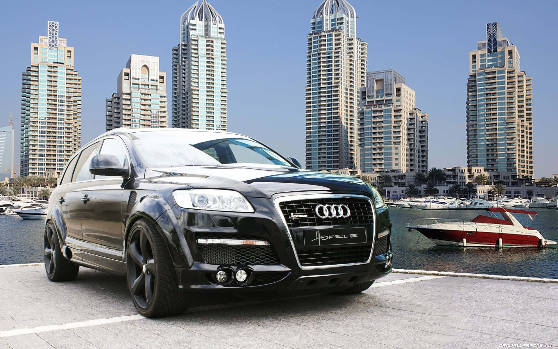Audi Q7, black, waterfront pier, Full HD Desktop Wallpaper