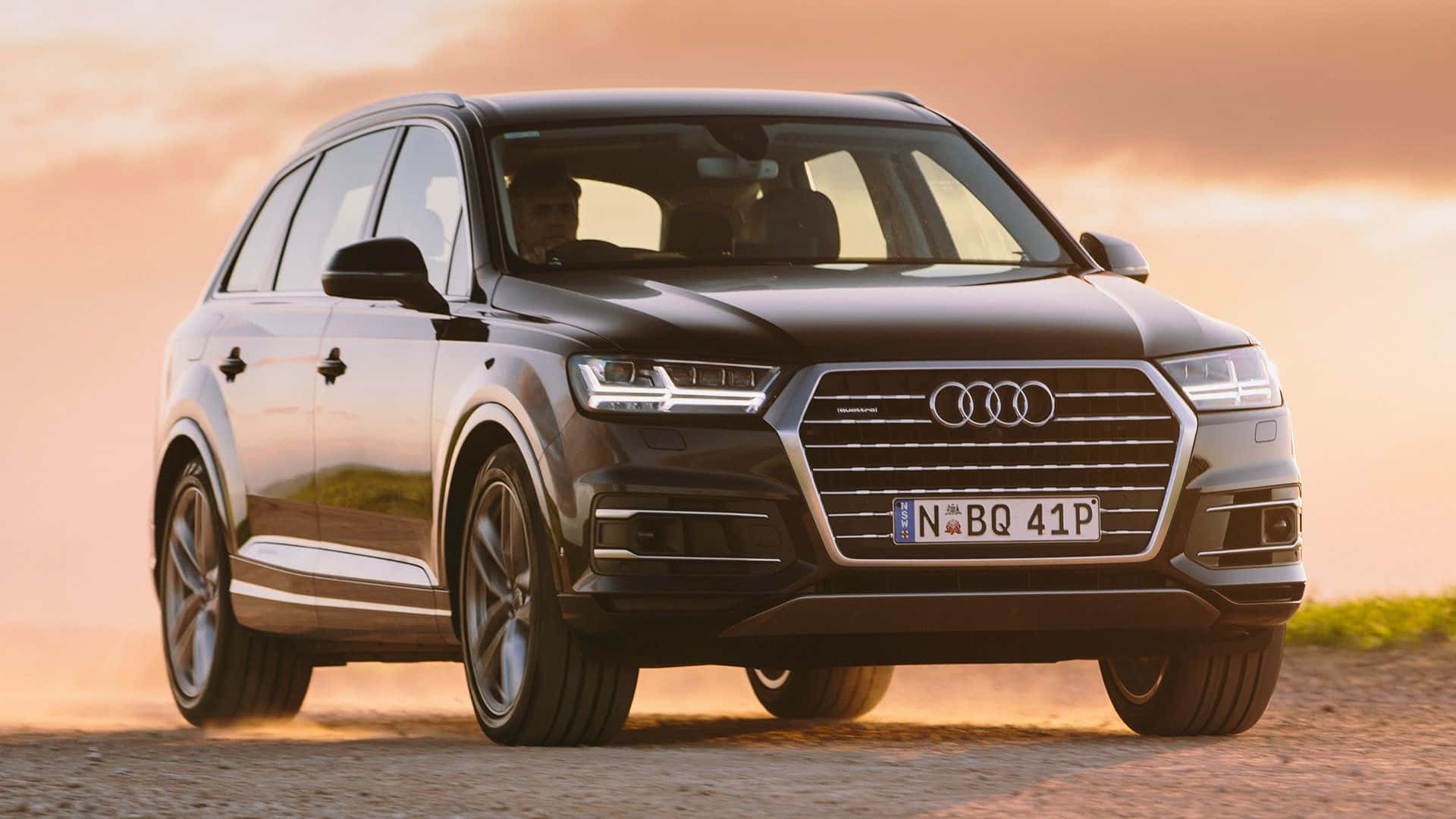 Audi Q7, black, dusty road, Full HD Desktop Wallpaper