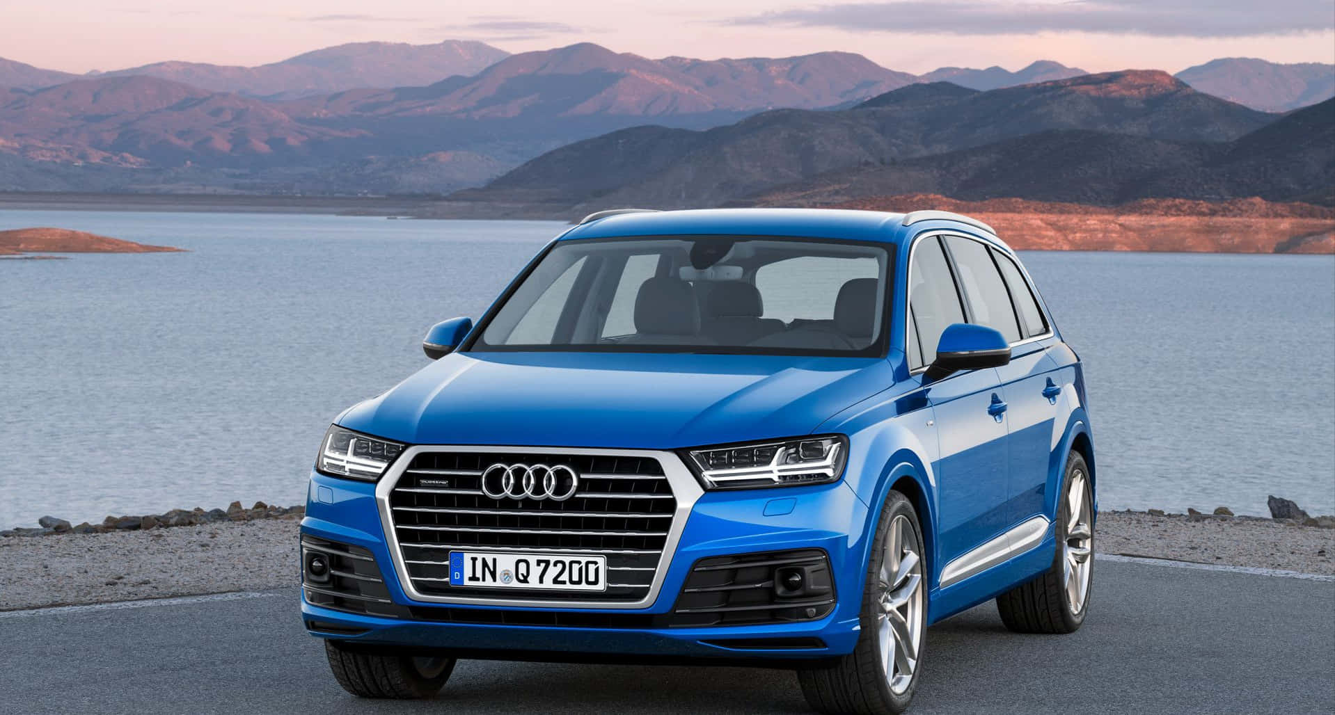 Audi Q7, vibrant blue, serene lake, HD Desktop Wallpaper
