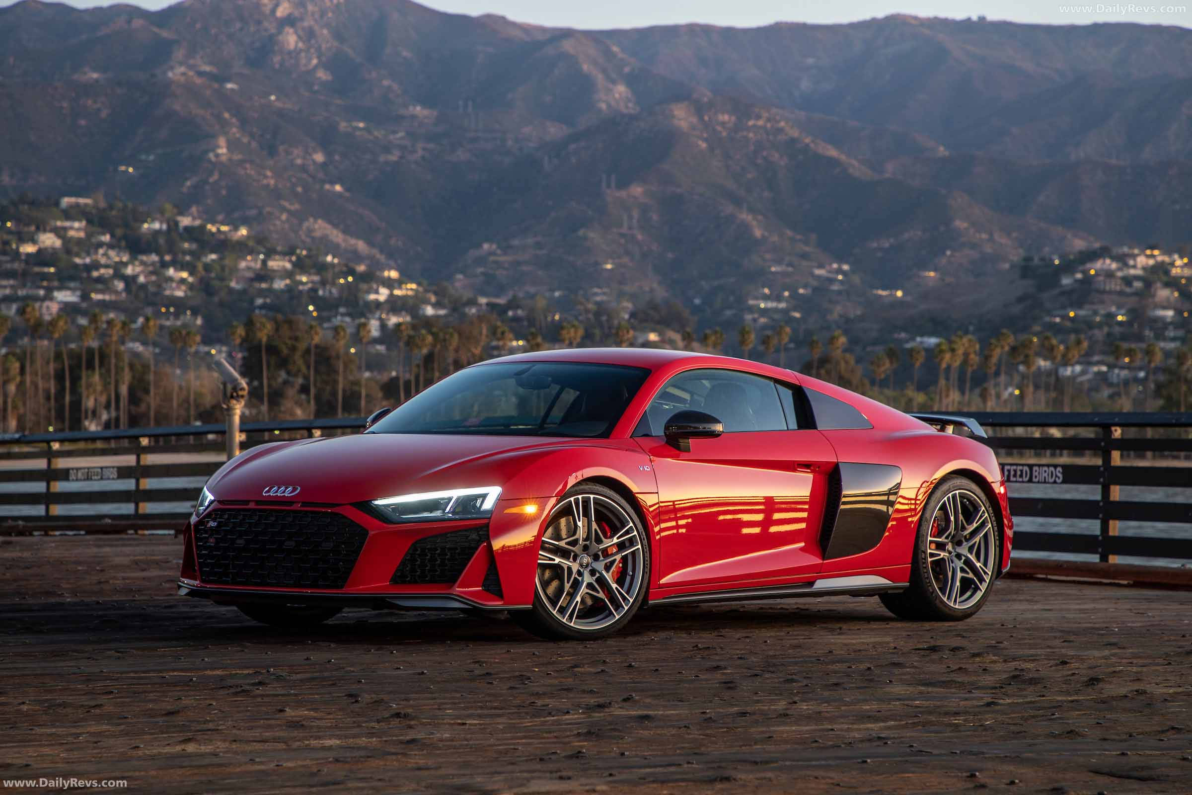 Audi R8, glossy red, wooden pier, Full HD Desktop Wallpaper